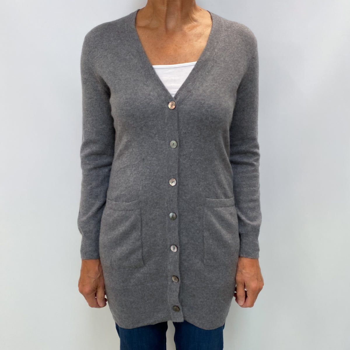 Steel Grey Cashmere V Neck Cardigan Medium