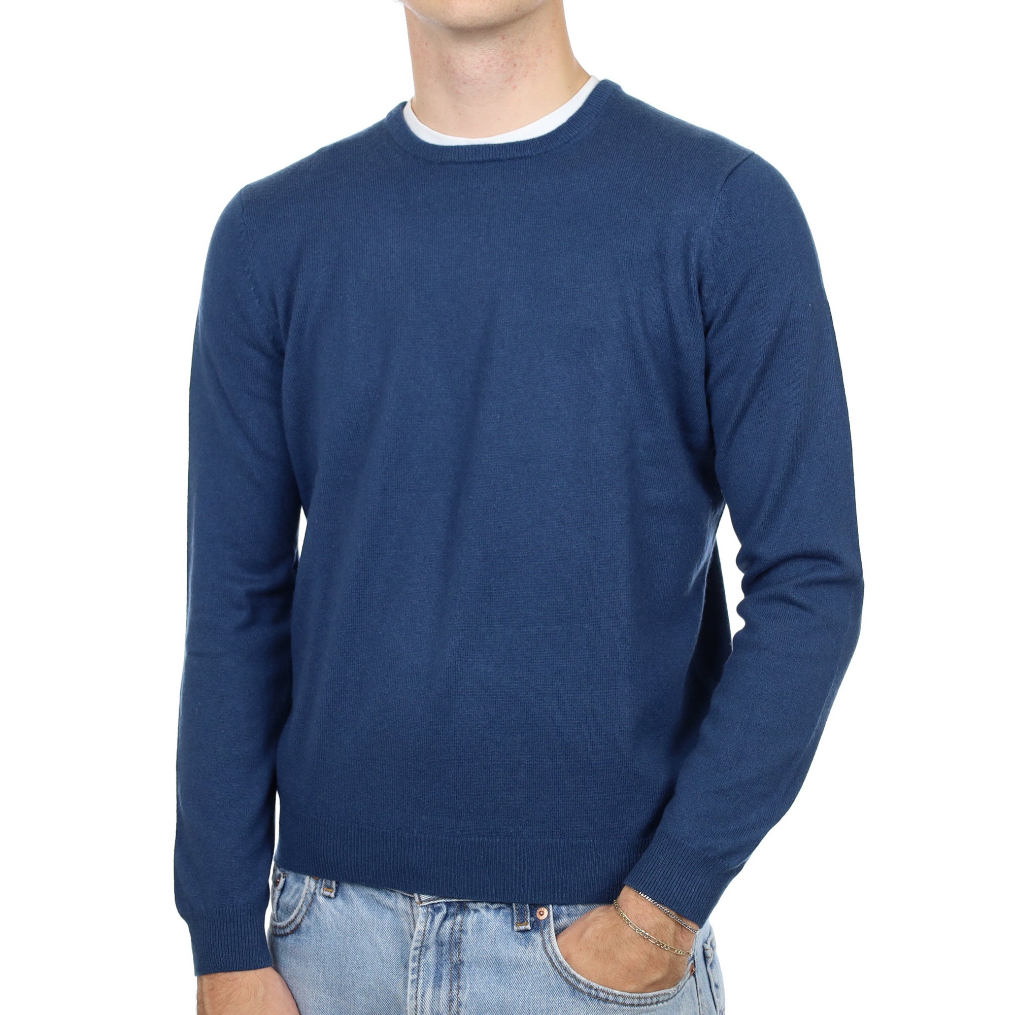 Men' Deep Ocean Blue Cashmere Crew Neck Jumper Medium