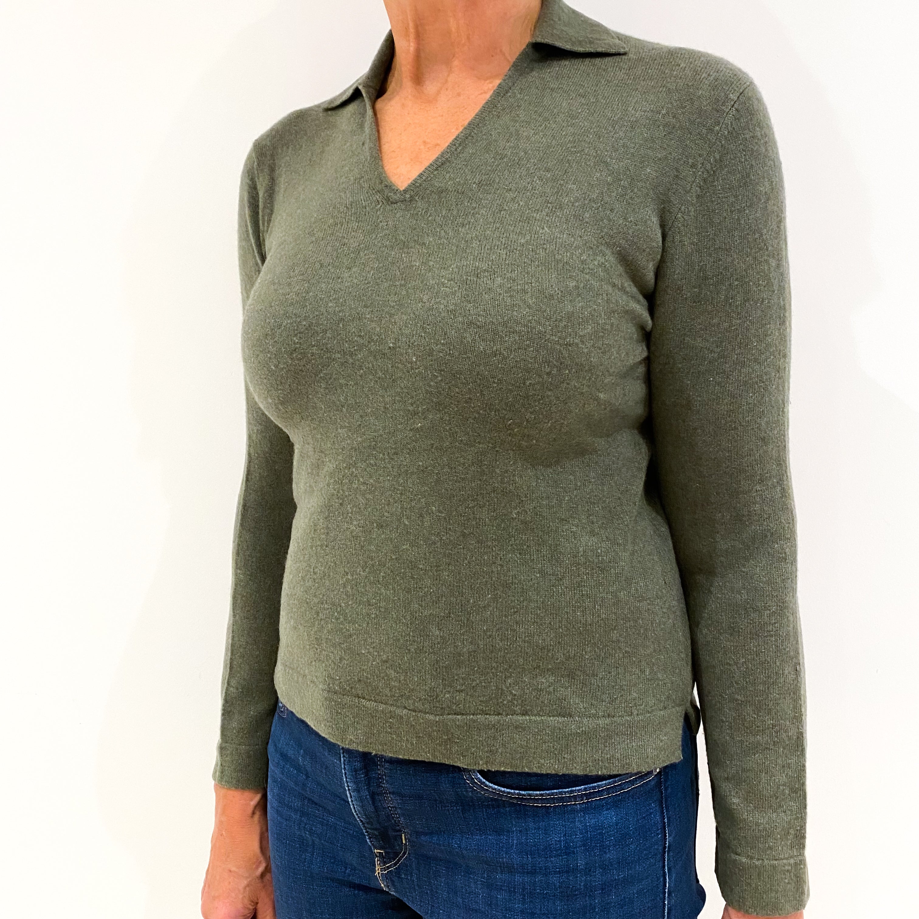 Moss Green Cashmere Collared V-Neck Jumper Medium Petite