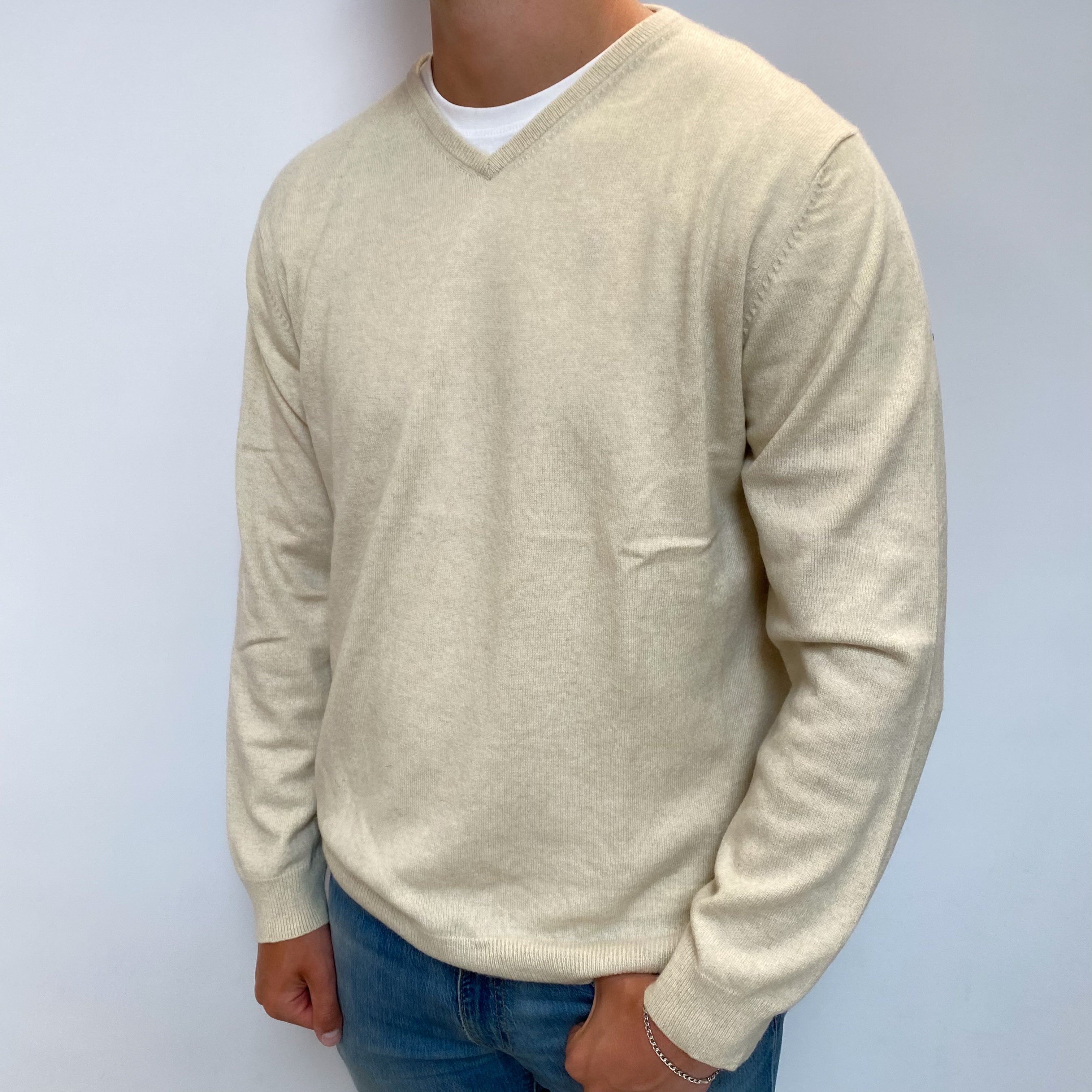 Men's Oatmeal Beige Cashmere V Neck Jumper XXL