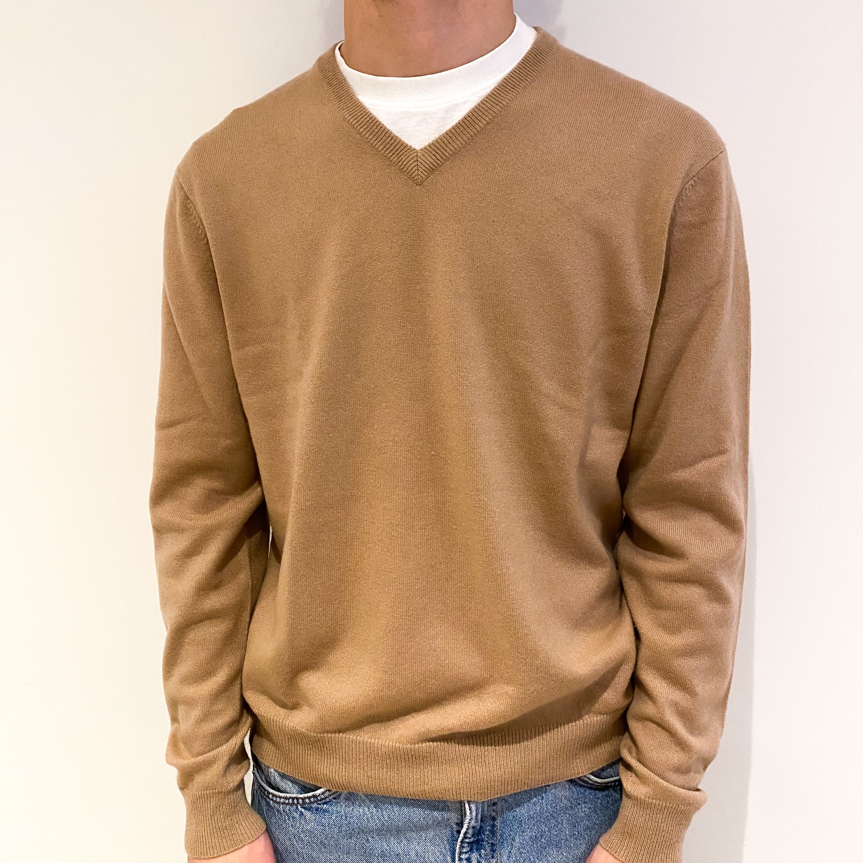 Men's Caramel Brown Cashmere V-Neck Jumper Medium