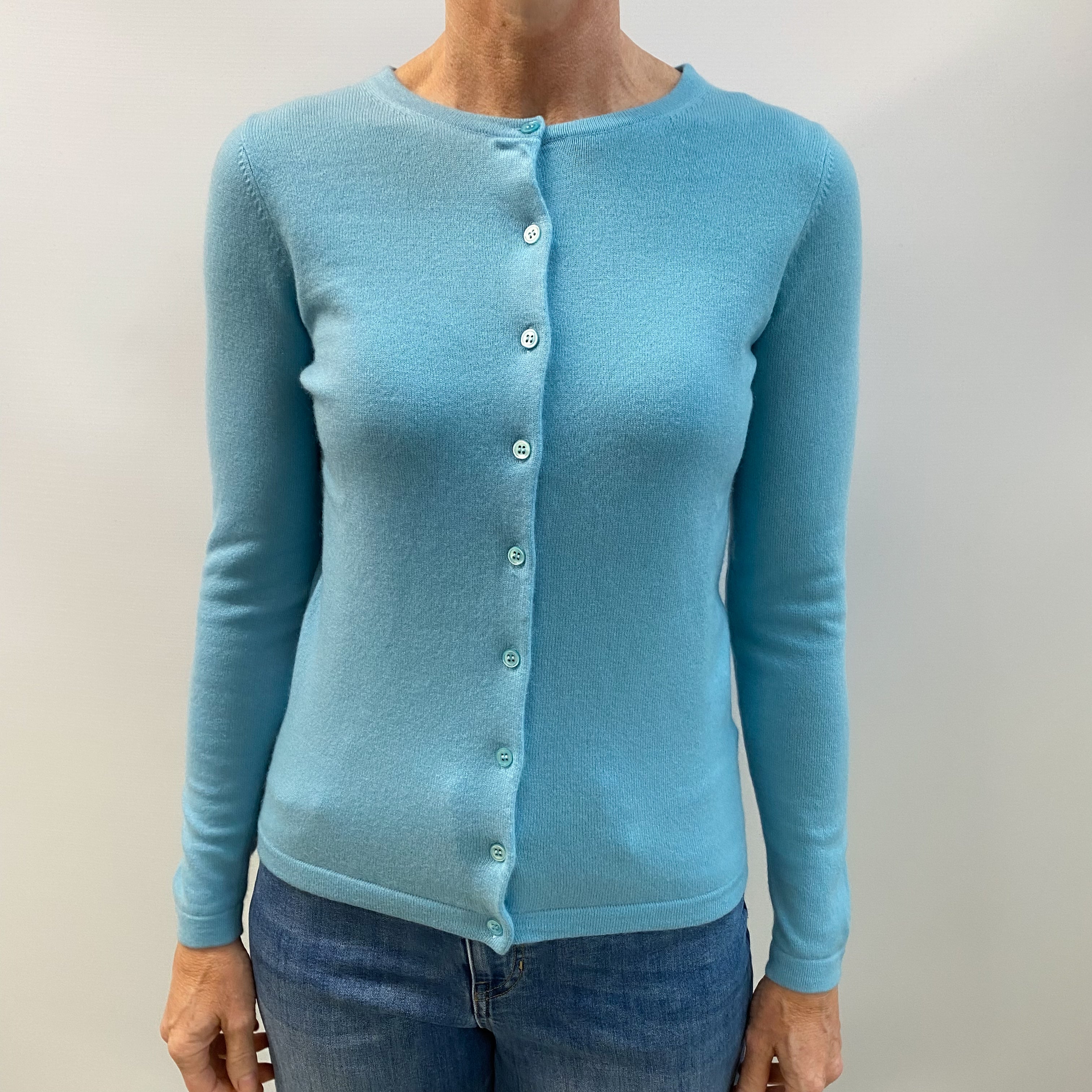 Deep Opal Blue Cashmere Crew Neck Cardigan Small