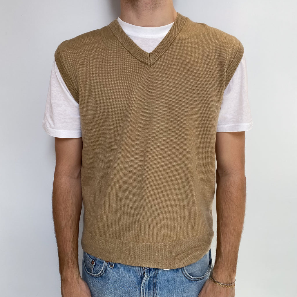 Men's Christian Dior Camel Cashmere V Neck Tank Top Large