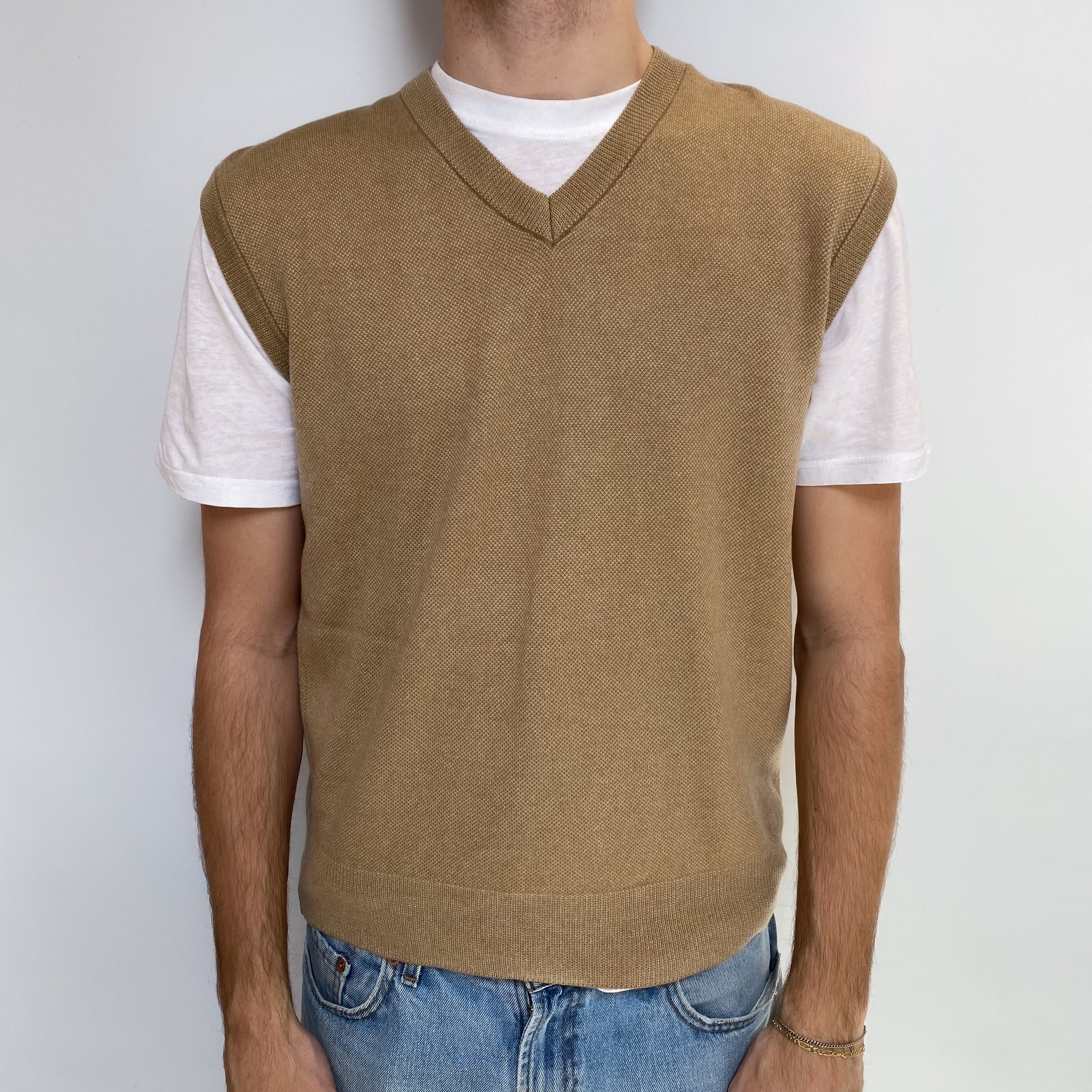 Men's Christian Dior Camel Cashmere V Neck Tank Top Large