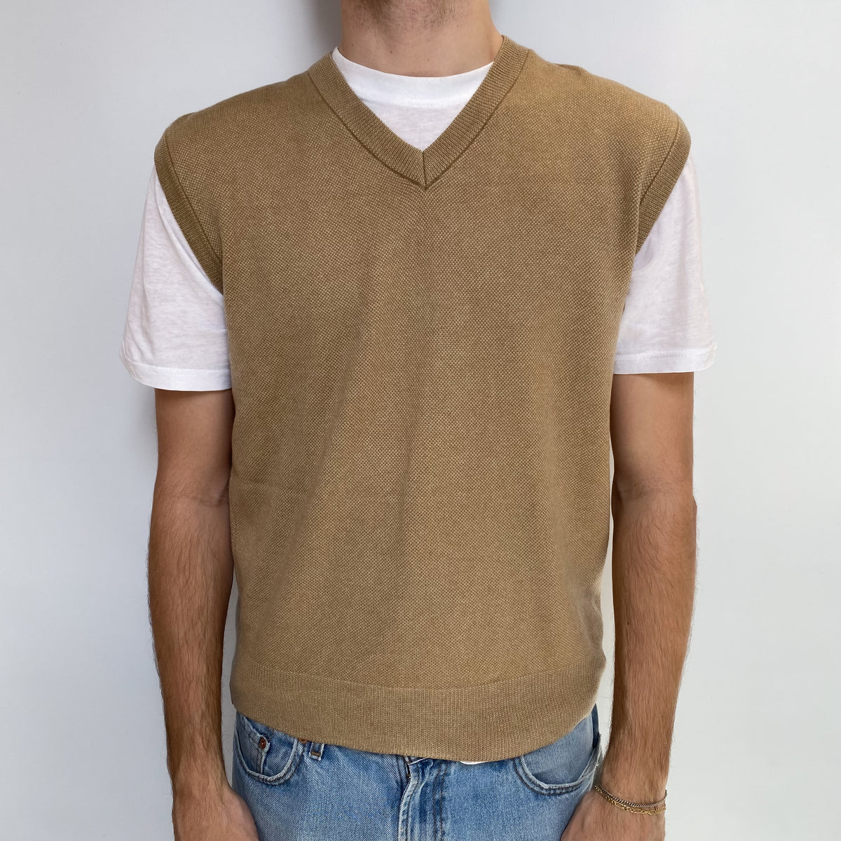 Men's Christian Dior Camel Cashmere V Neck Tank Top Large