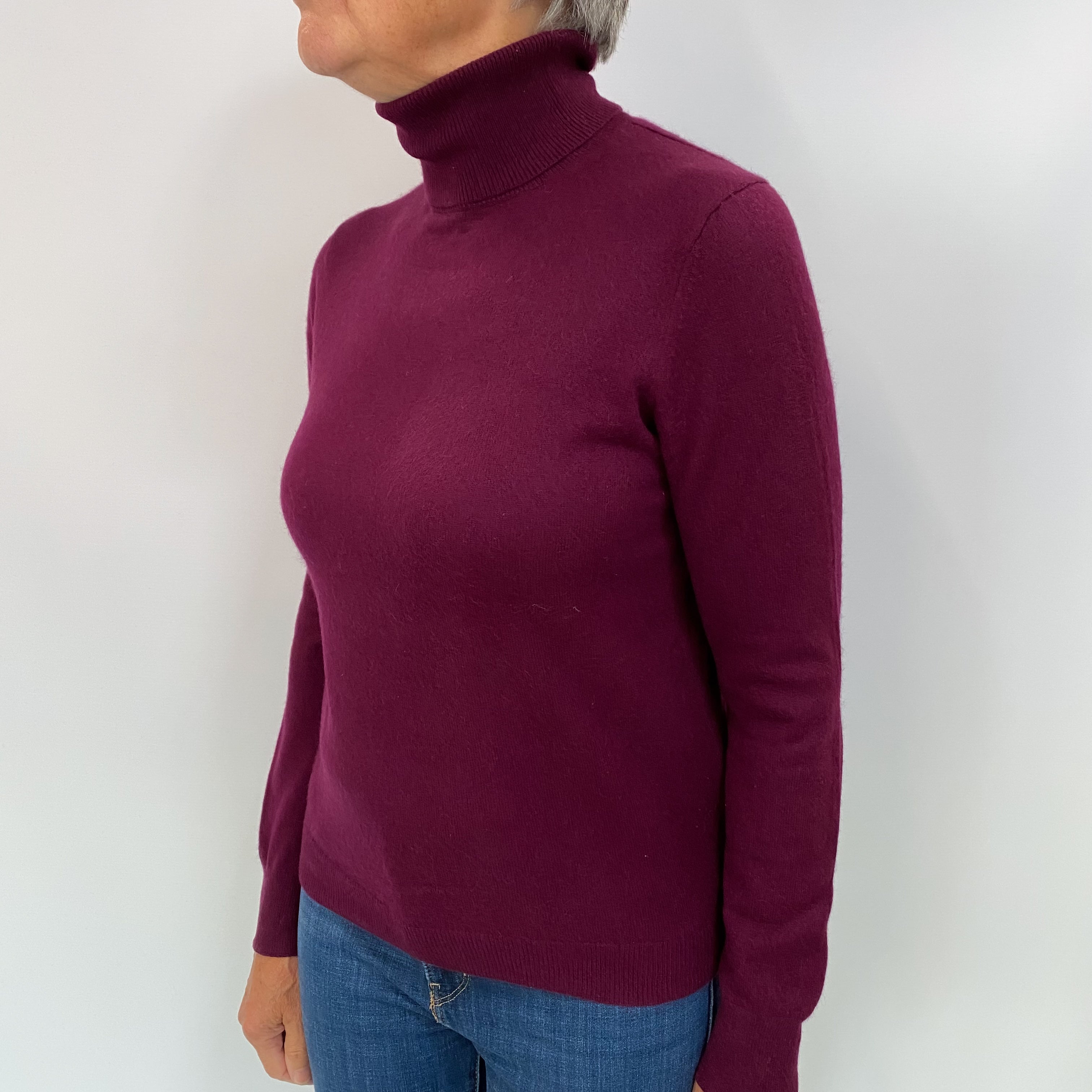 Aubergine Purple Cashmere Polo Neck Jumper Medium