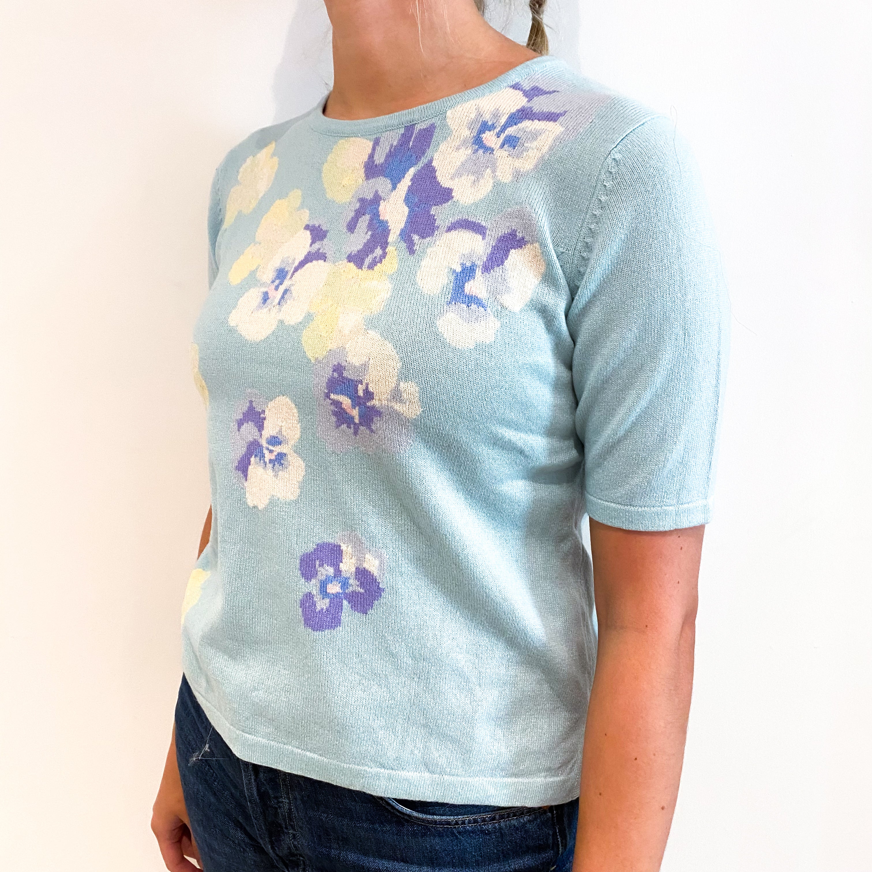 Aqua Blue Floral Cashmere Short Sleeve Crew Neck Jumper Small