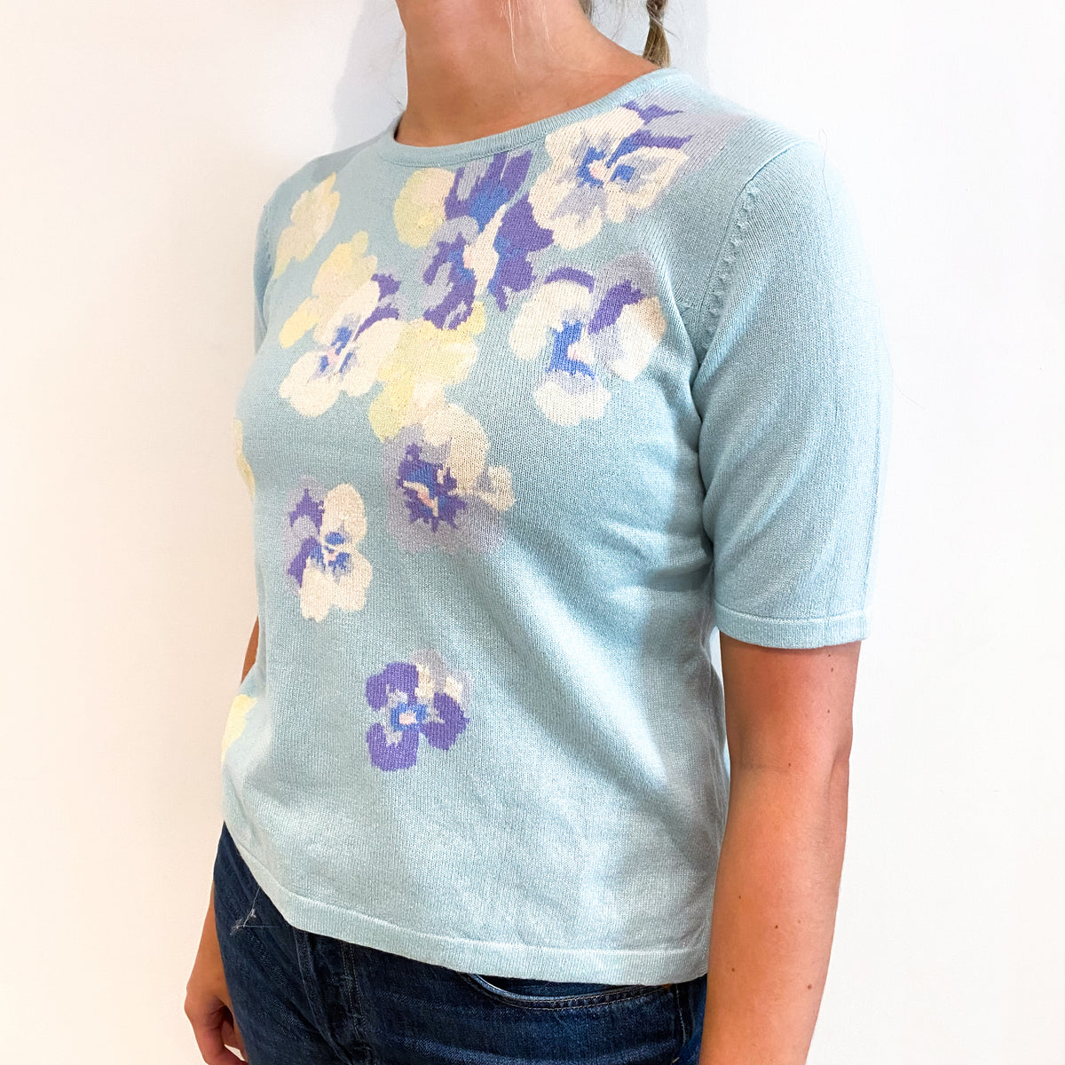 Aqua Blue Floral Cashmere Short Sleeve Crew Neck Jumper Small