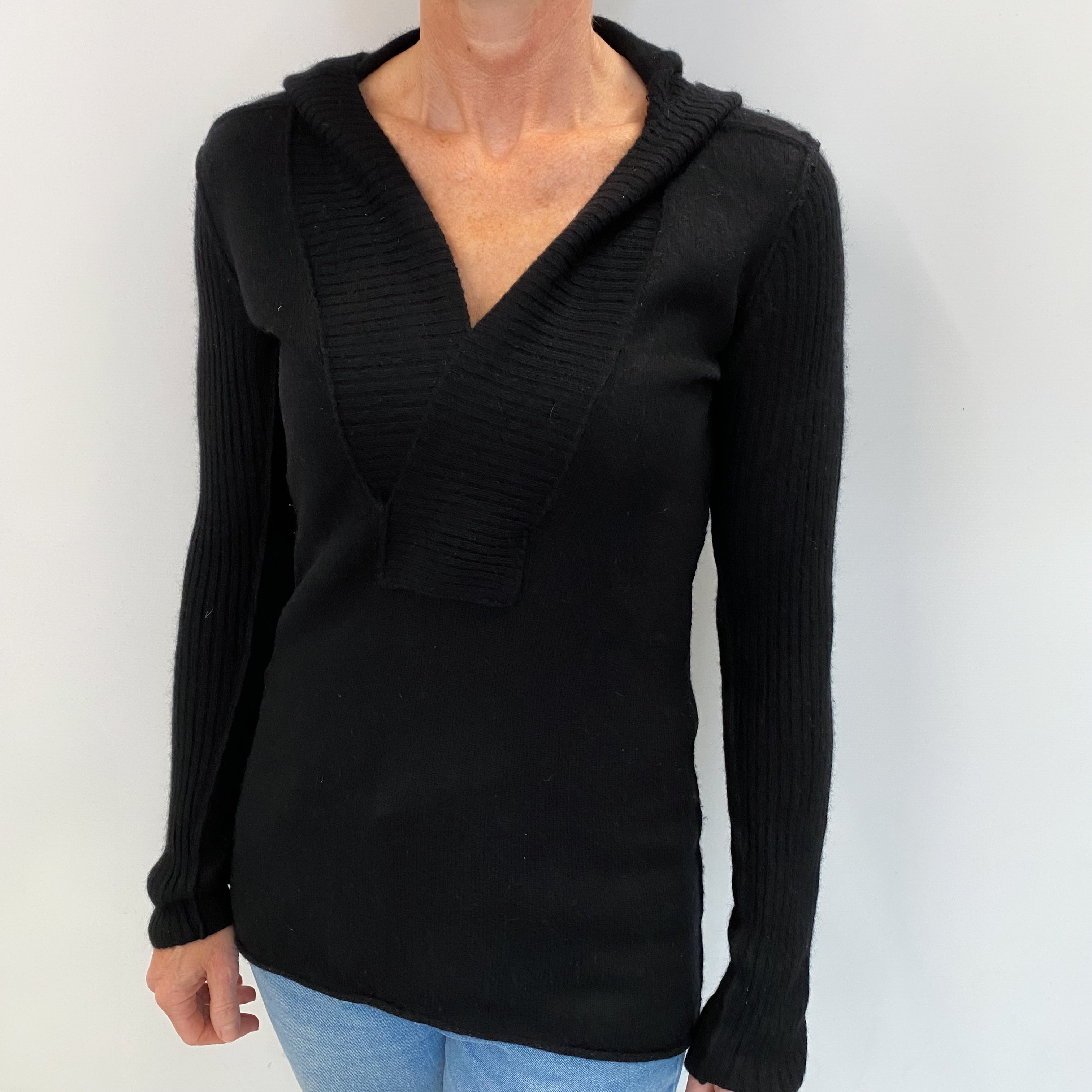 Black Cashmere V Neck Hoodie Small