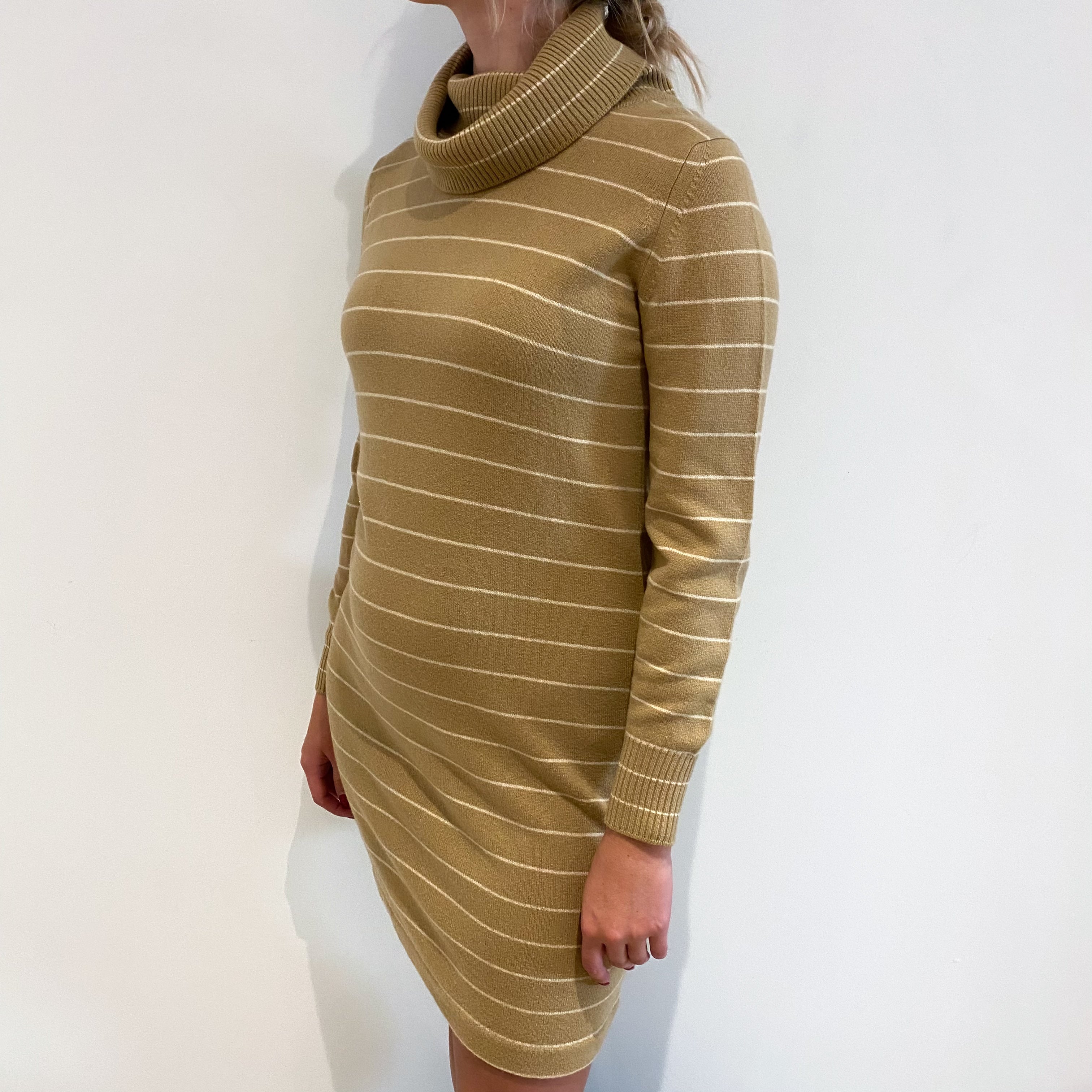 Vintage Jaeger Camel Striped Cashmere Cowl Neck Dress Small