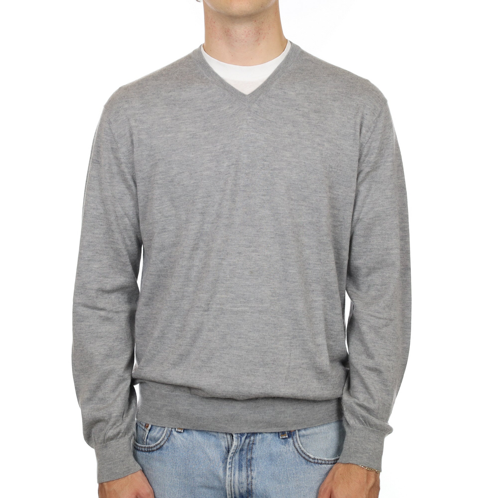 Men's Ash Grey Cashmere V Neck Jumper Medium