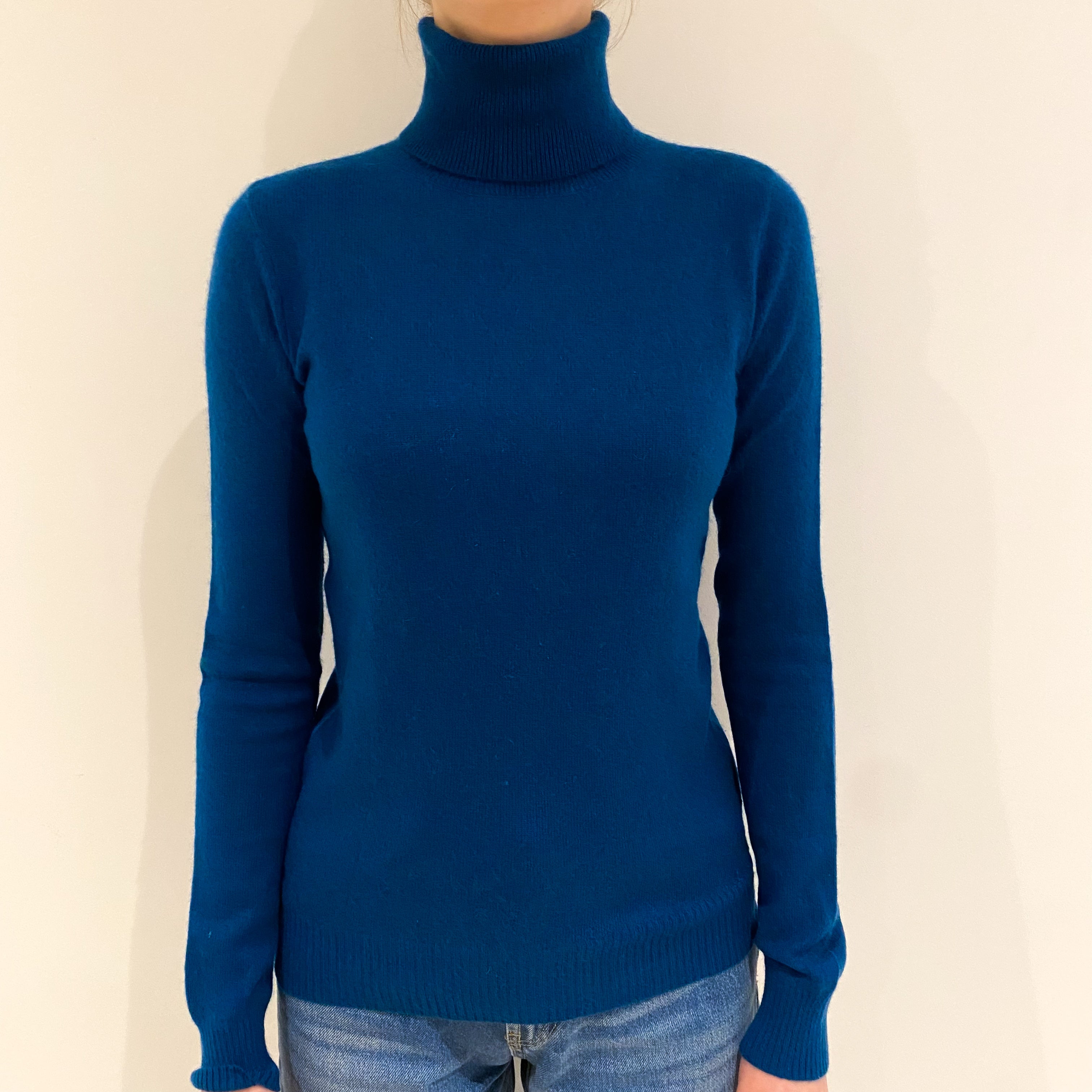 Peacock Blue Cashmere Polo Neck Jumper Extra Small