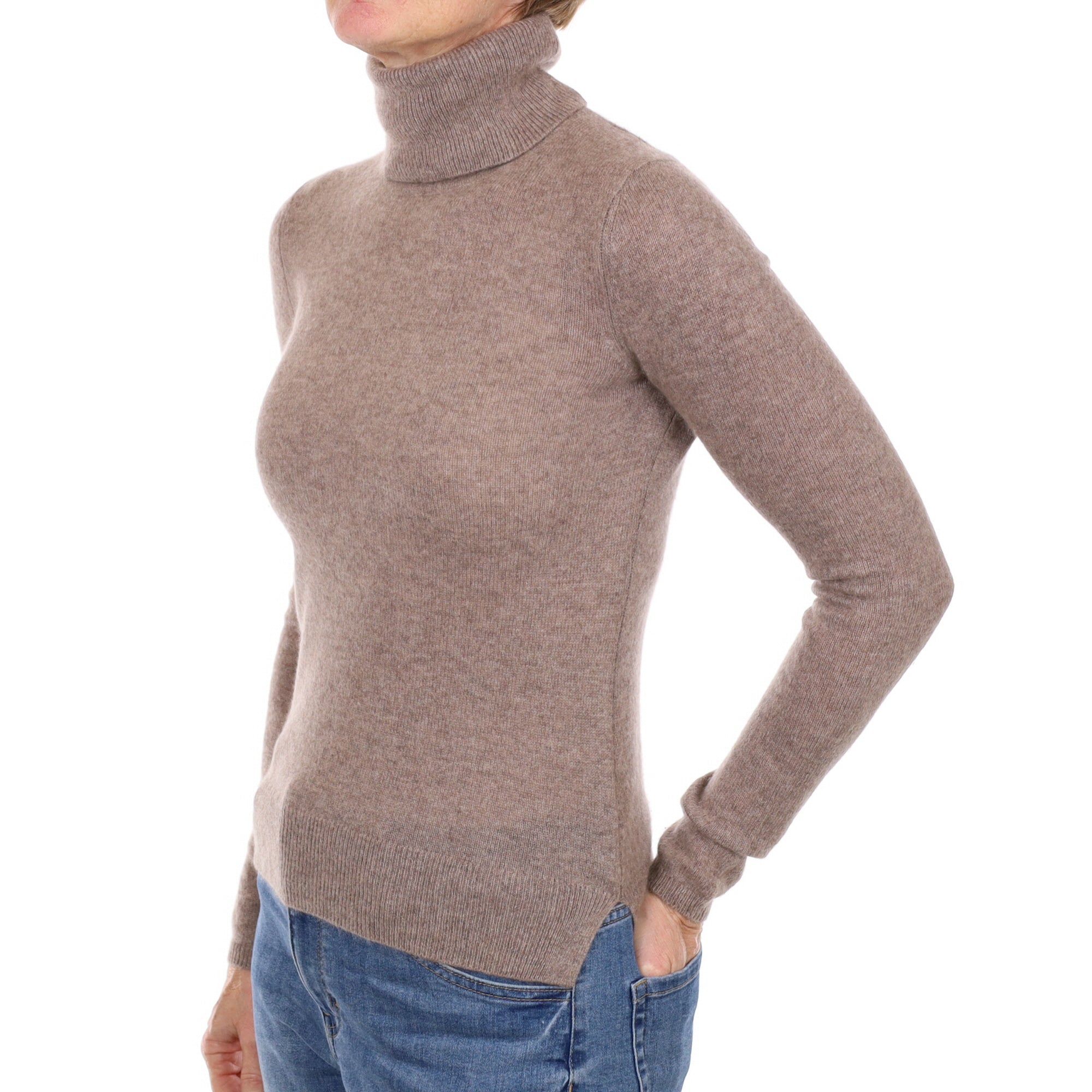 Biscuit Brown Cashmere Polo Neck Jumper Small