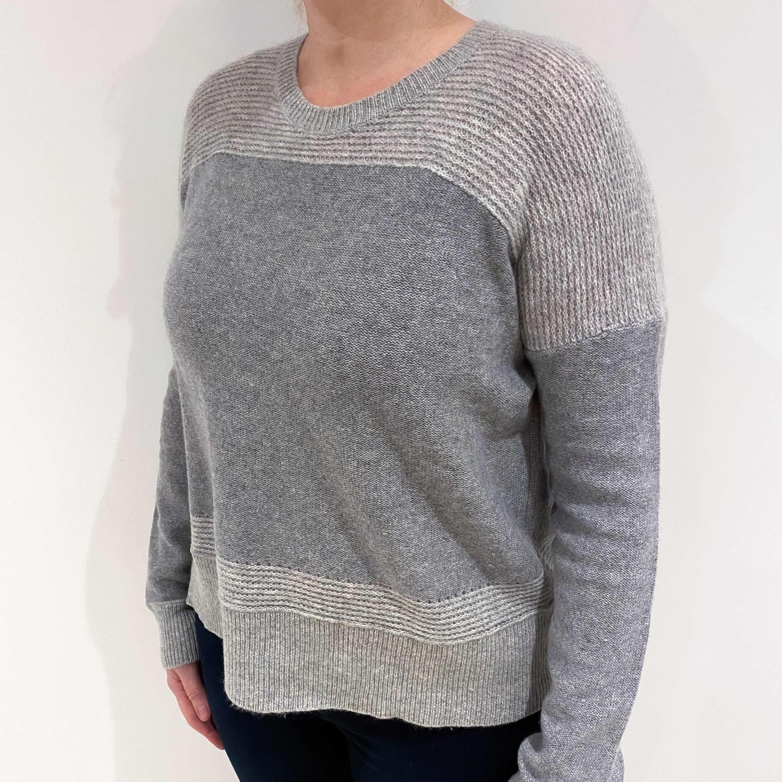 Smoke Grey and Ash Grey Cashmere Crew Neck Jumper Large