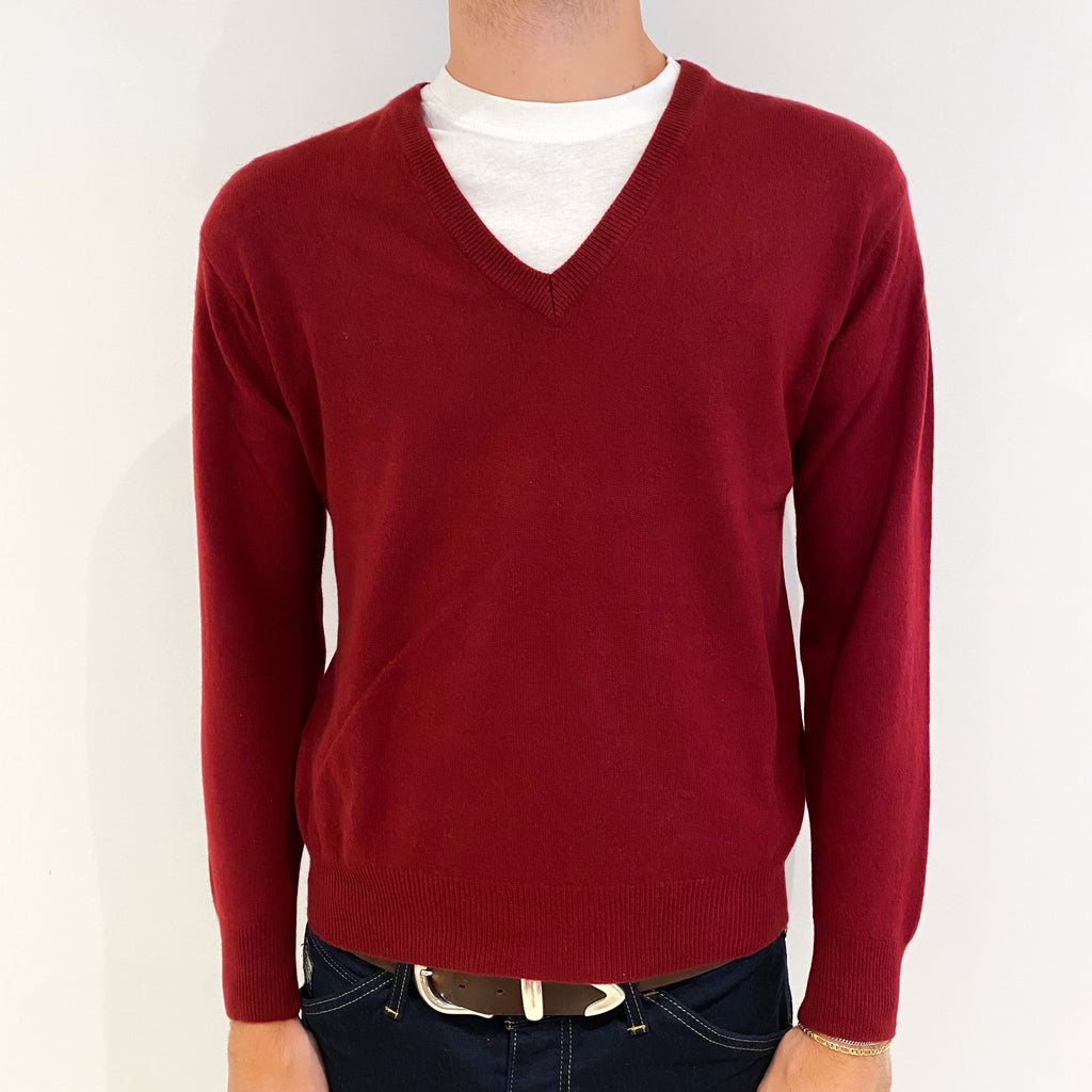 Men's Vintage Burgundy Red Cashmere V-Neck Jumper Medium