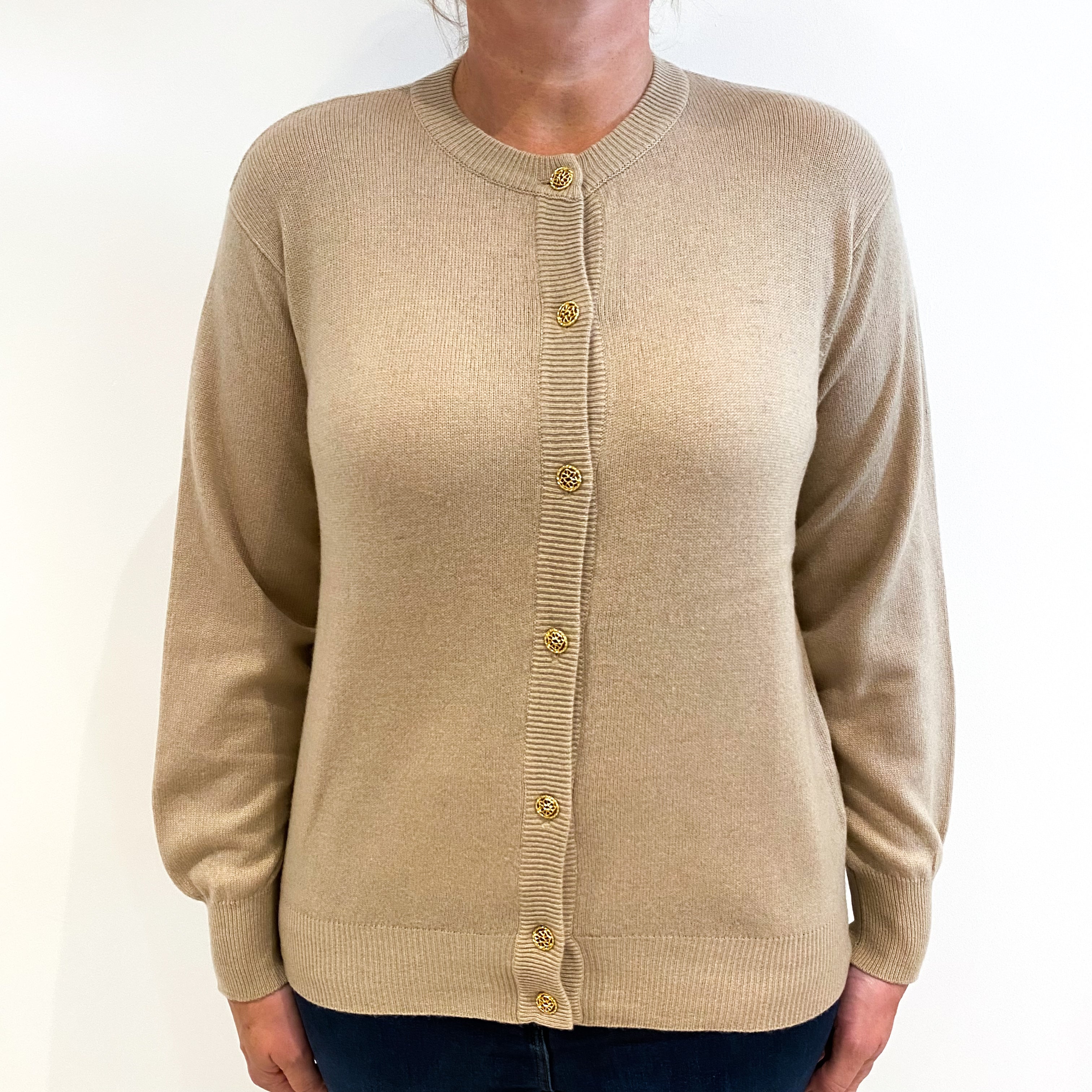 Beige Cashmere Crew Neck Cardigan Large