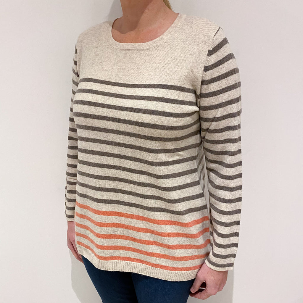 Oatmeal Brown Stripe Cashmere Crew Neck Jumper Large