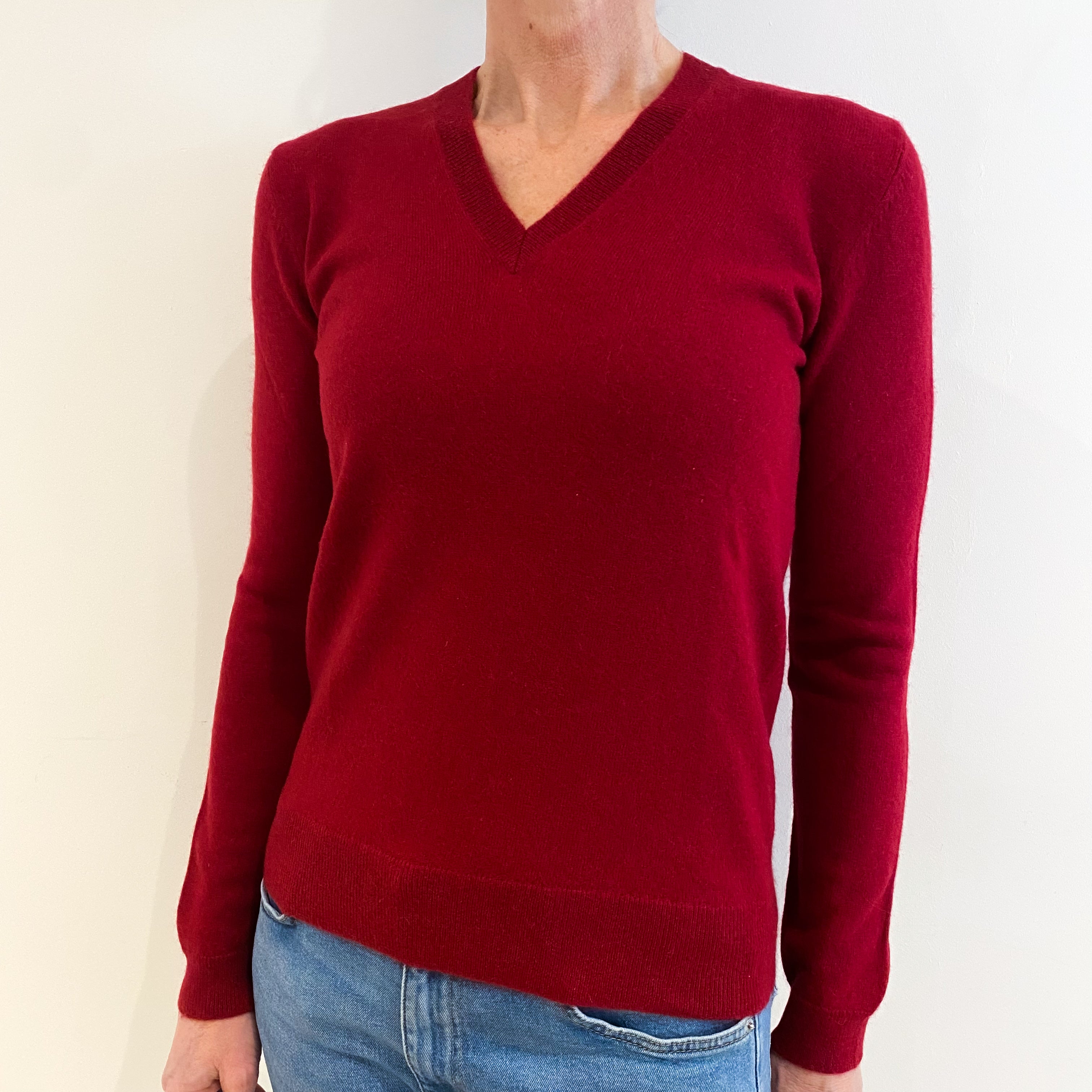 Crimson Red Cashmere V Neck Jumper Small