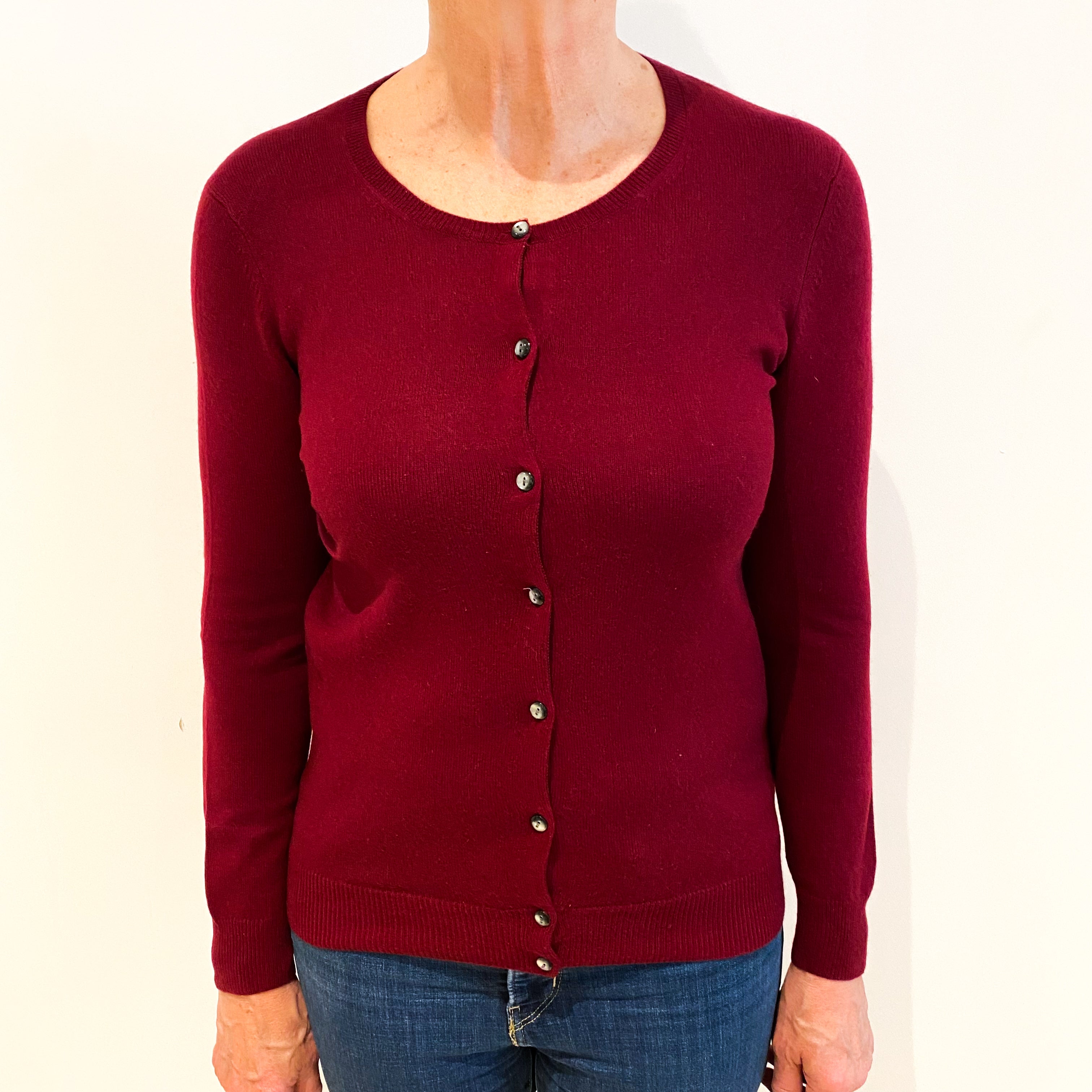 Burgundy Red Cashmere Crew Neck Cardigan Medium