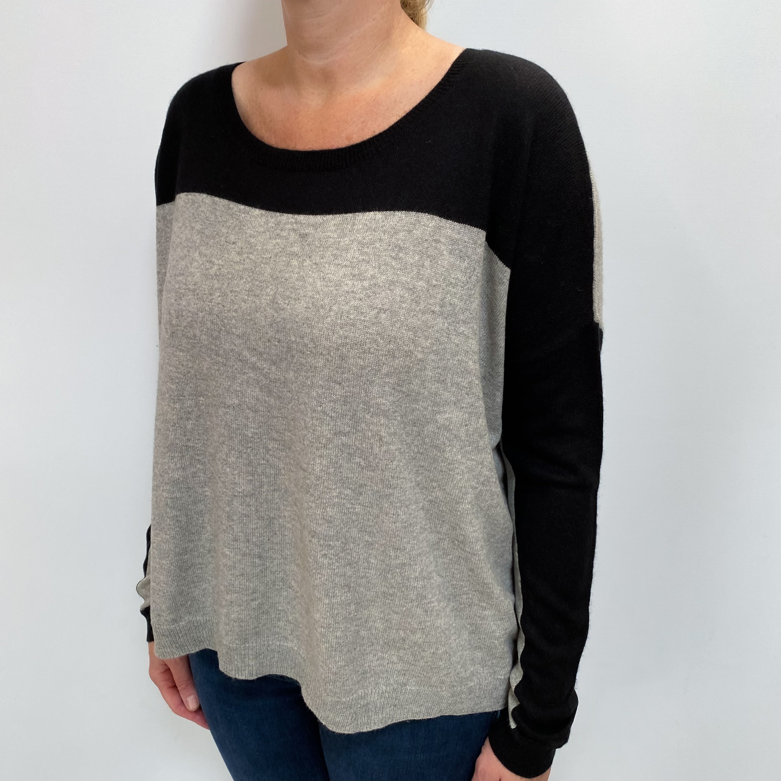 Grey and Black Cashmere Slouchy Scoop Neck Jumper Large