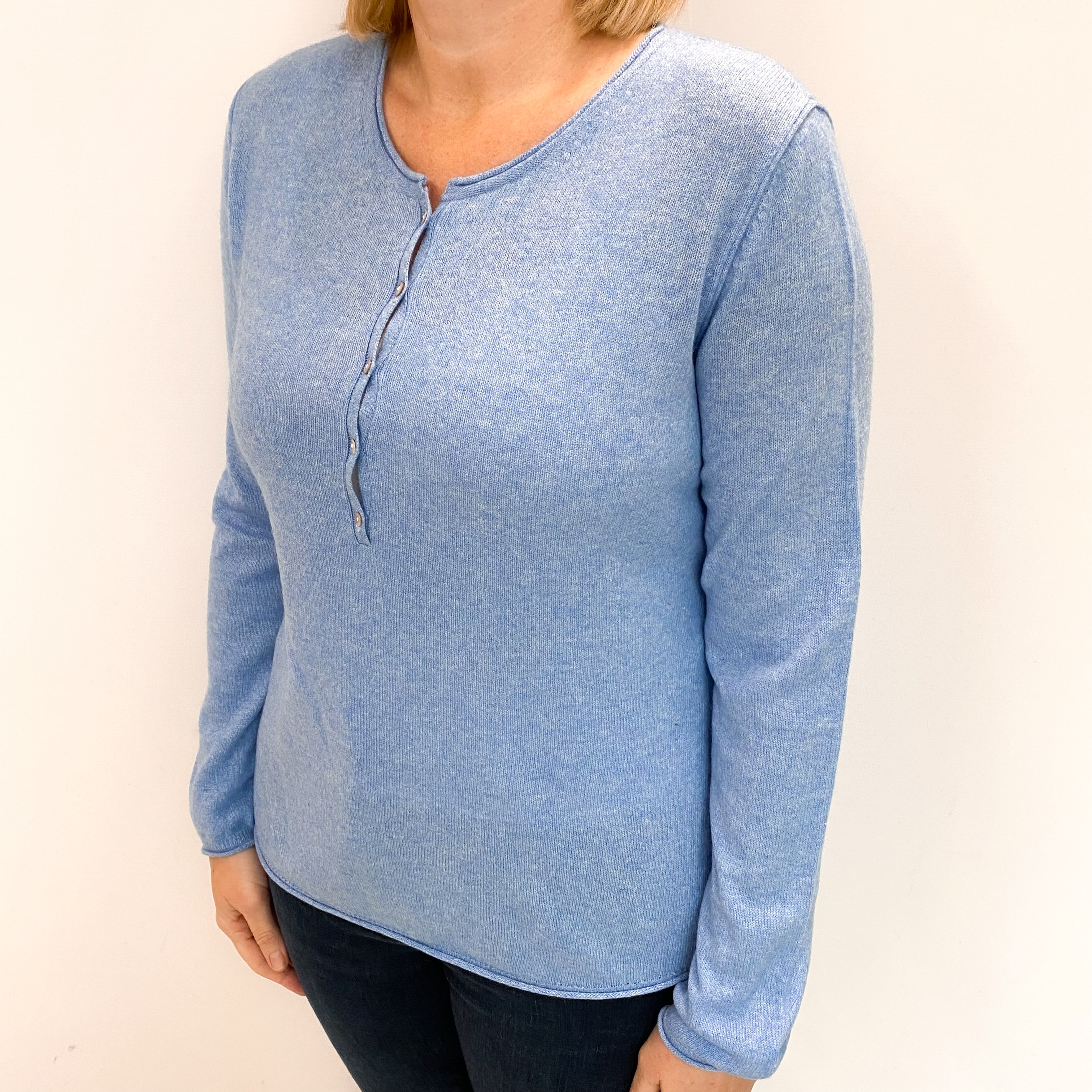 L.L Bean Denim Blue Cashmere 1/4 Button Crew Neck Jumper Large