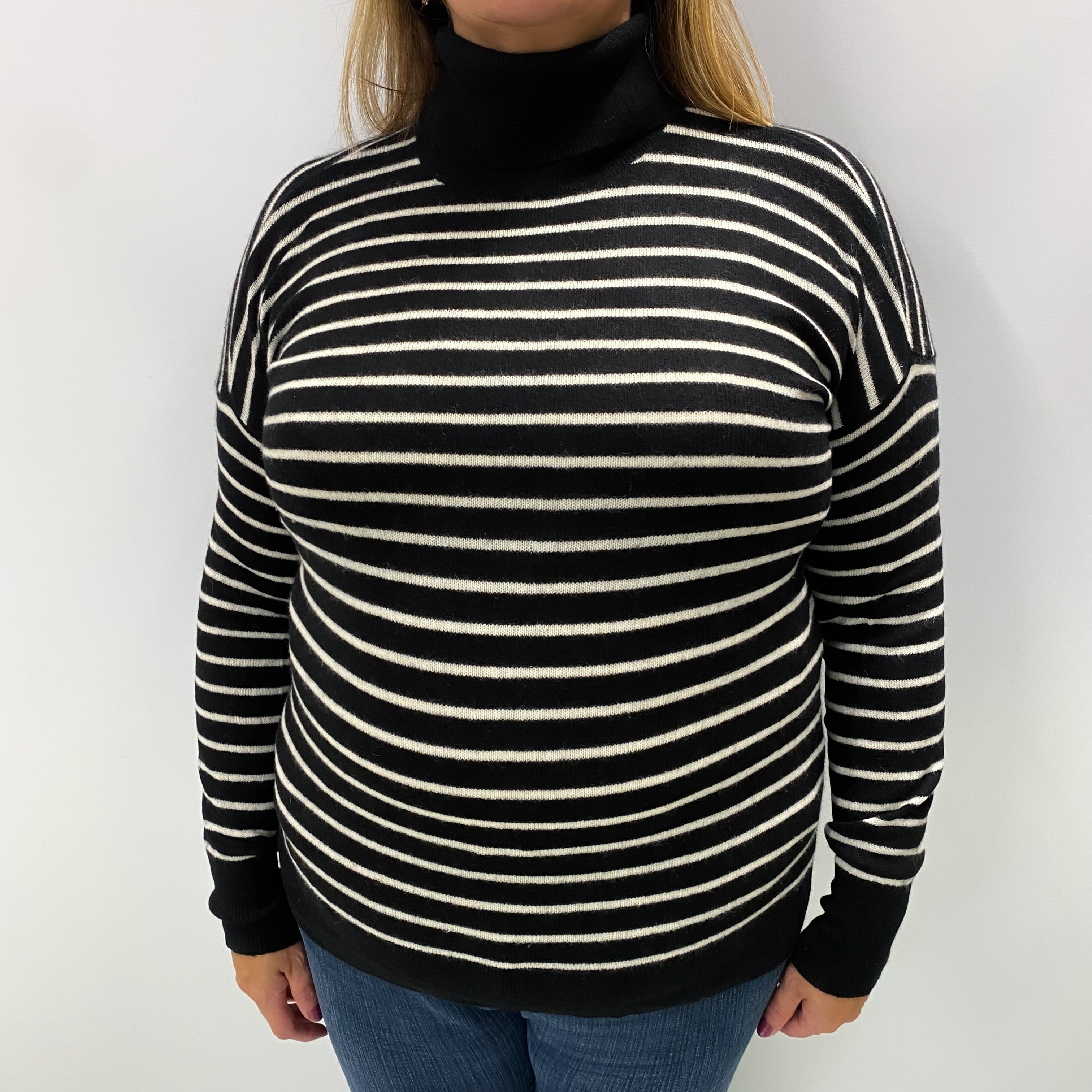 Black and White Striped Cashmere Polo Neck Jumper Extra Large