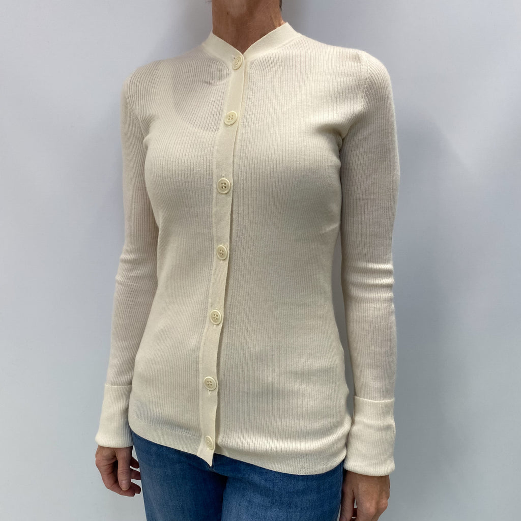 Vanilla Cream Cashmere High V Neck Ribbed Knit Cardigan Small