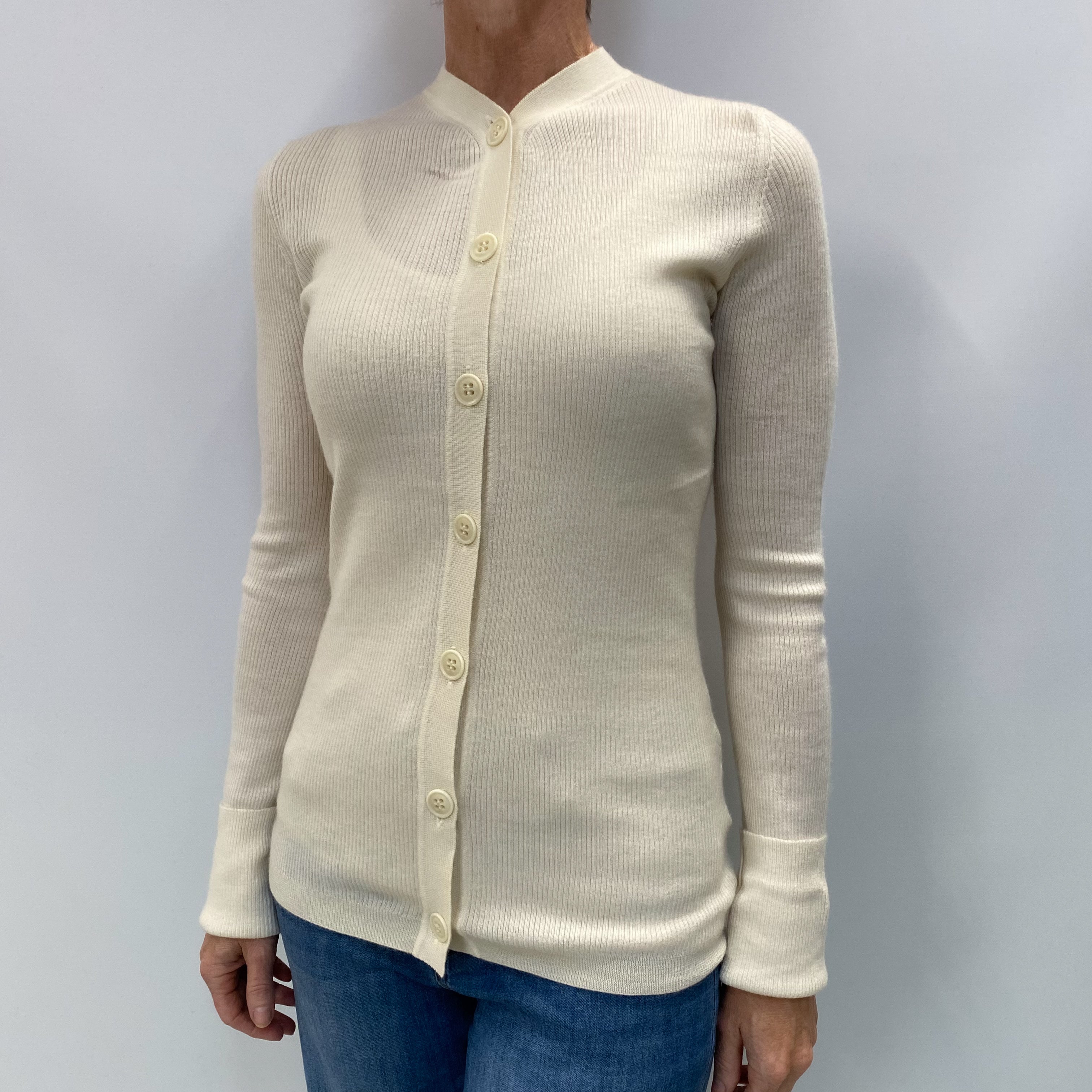 Vanilla Cream Cashmere High V Neck Ribbed Knit Cardigan Small