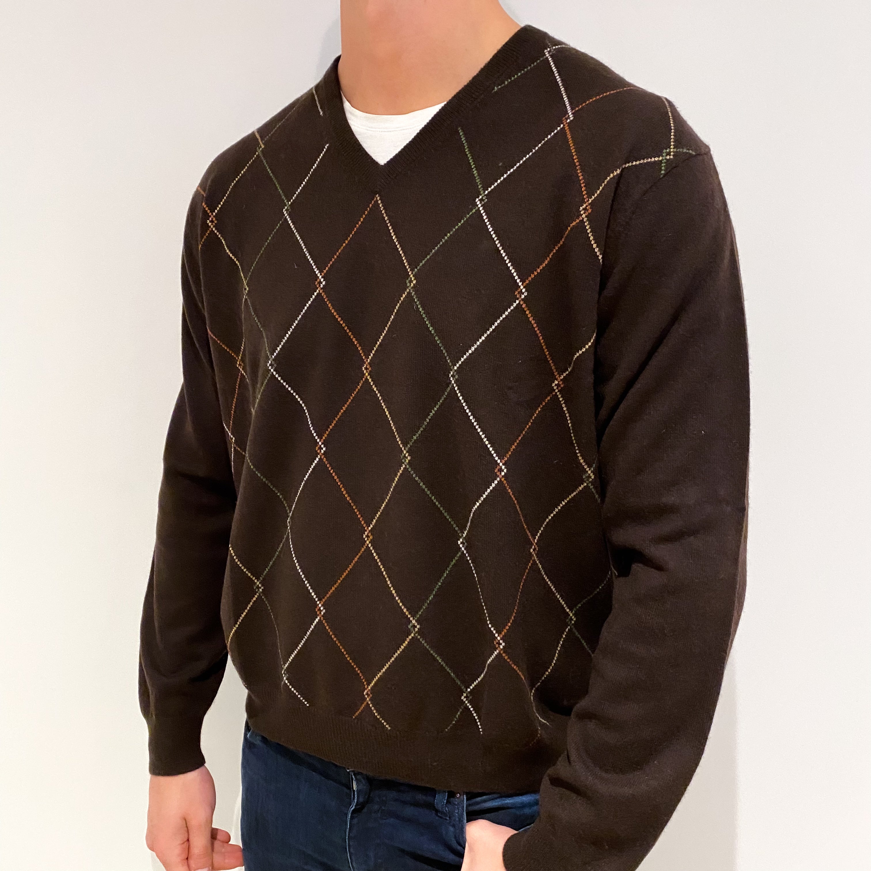Men's Dark Chocolate Patterened Cashmere V Neck Jumper XL