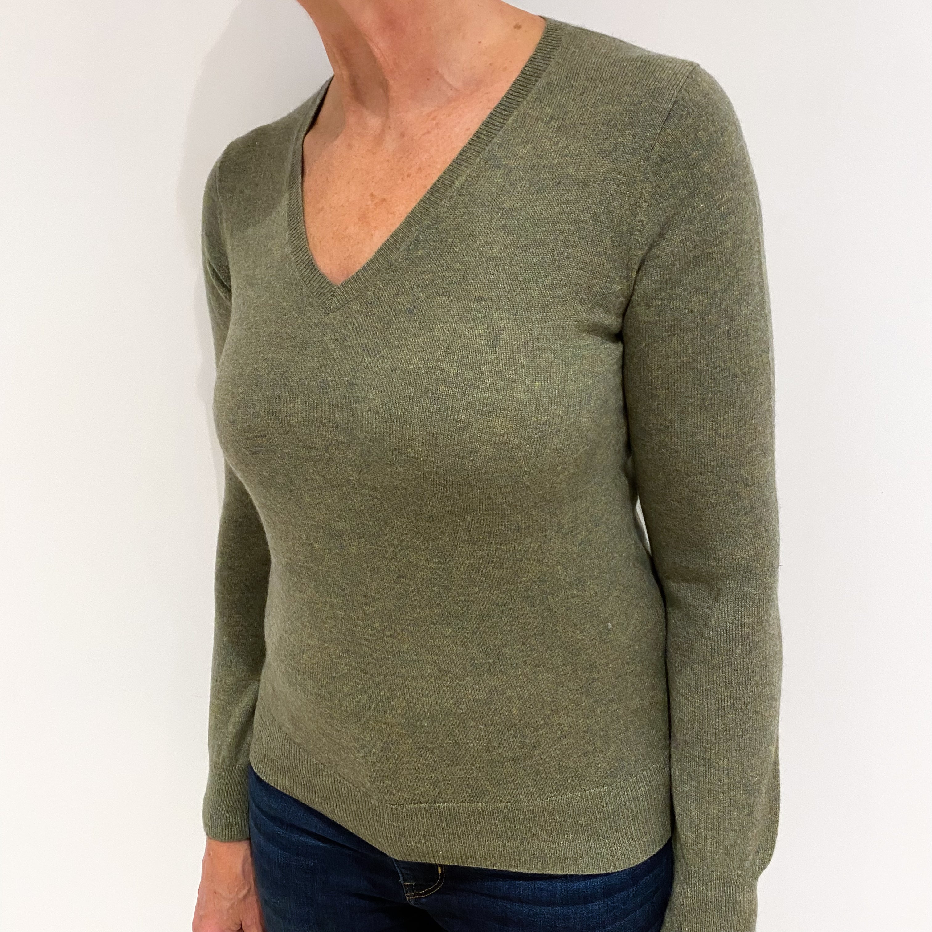 Olive Green Cashmere V Neck Jumper Medium