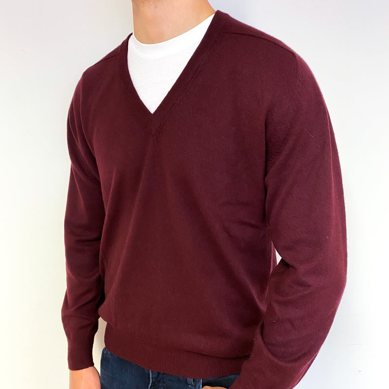 Men's Mulberry Purple Cashmere V-Neck Jumper Extra Large