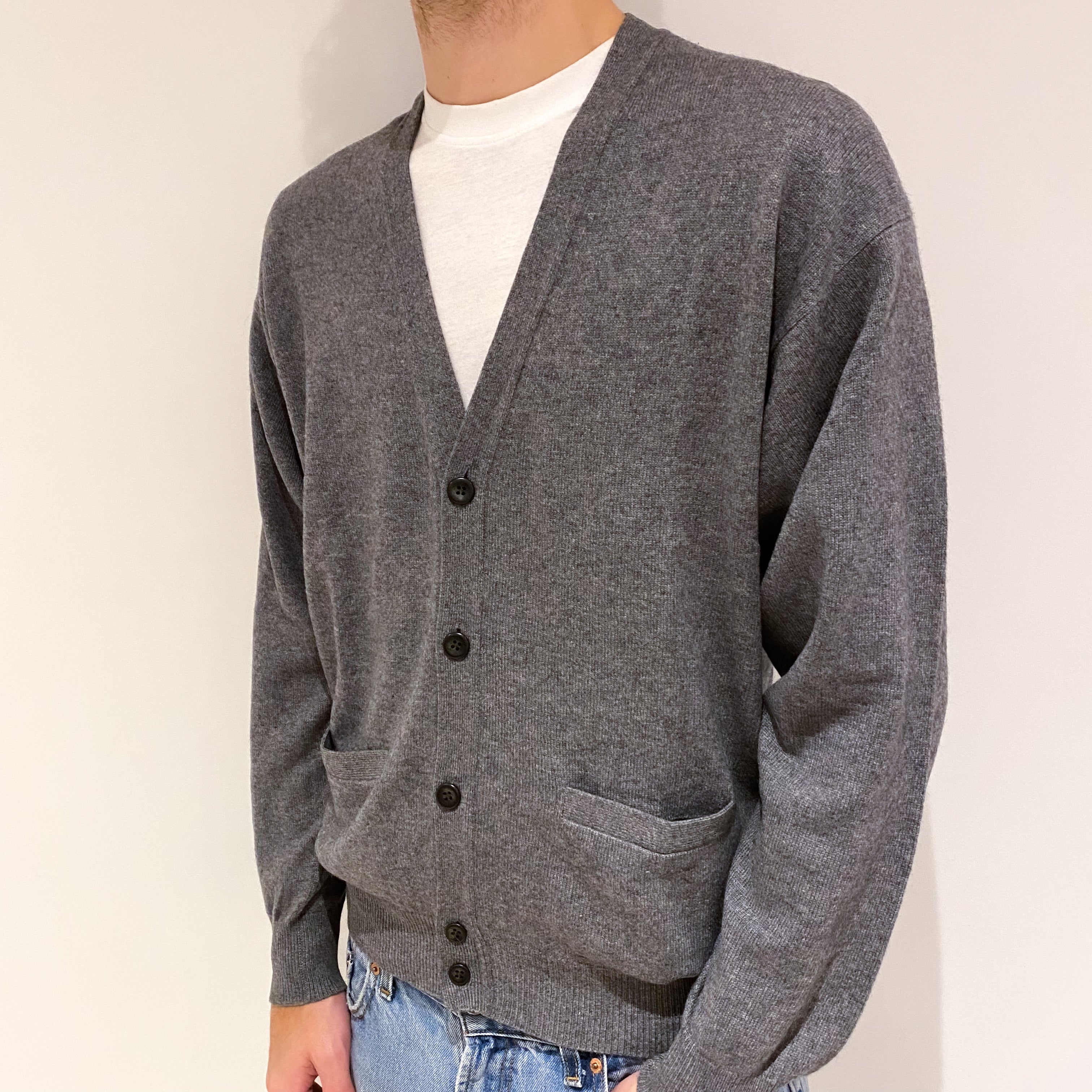 Men's Steel Grey Cashmere V Neck Cardigan with Pockets Large