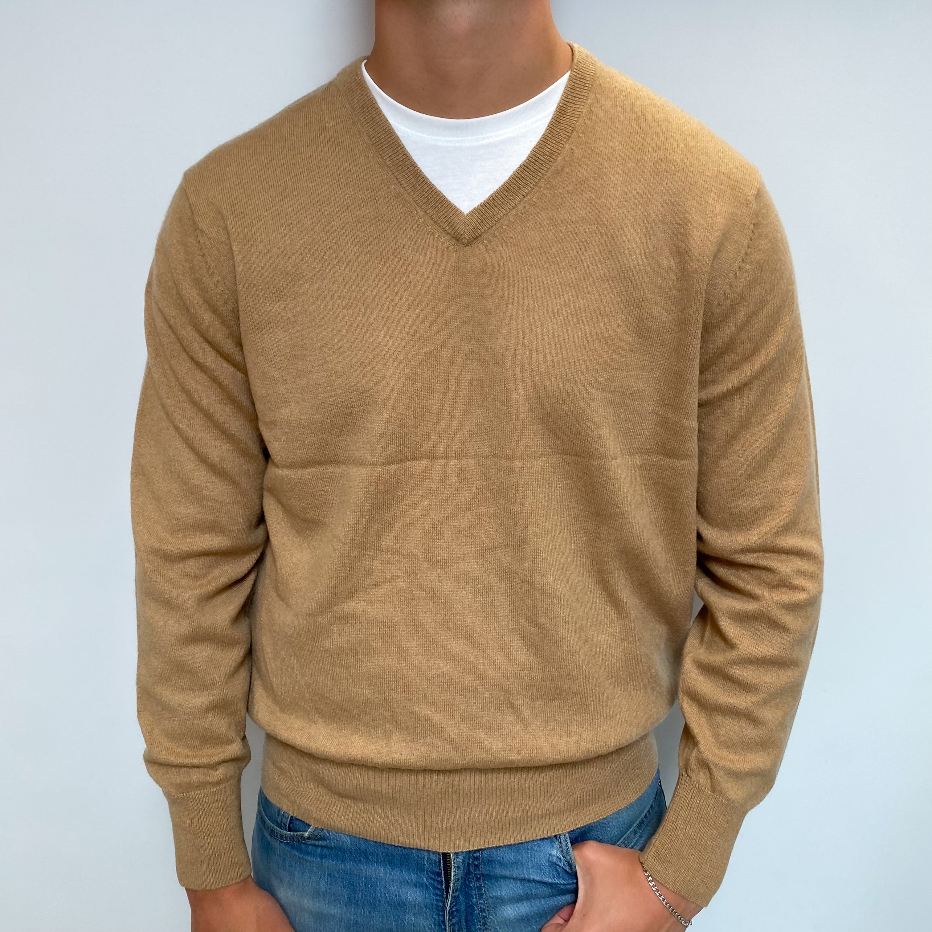 Men's Caramel Brown Cashmere V Neck Jumper XL