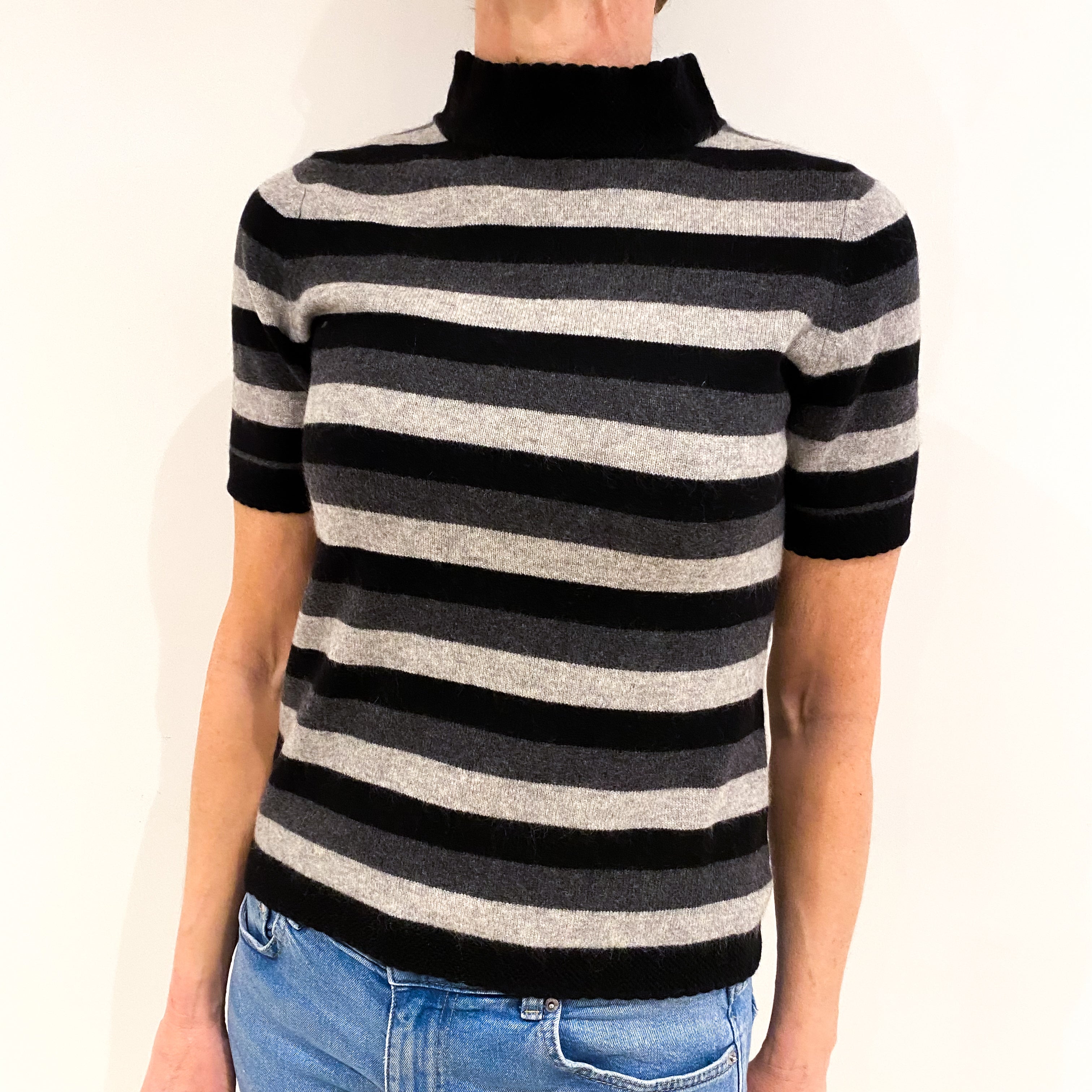 Black And Grey Striped Cashmere Turtle Neck Short Sleeved Jumper Small