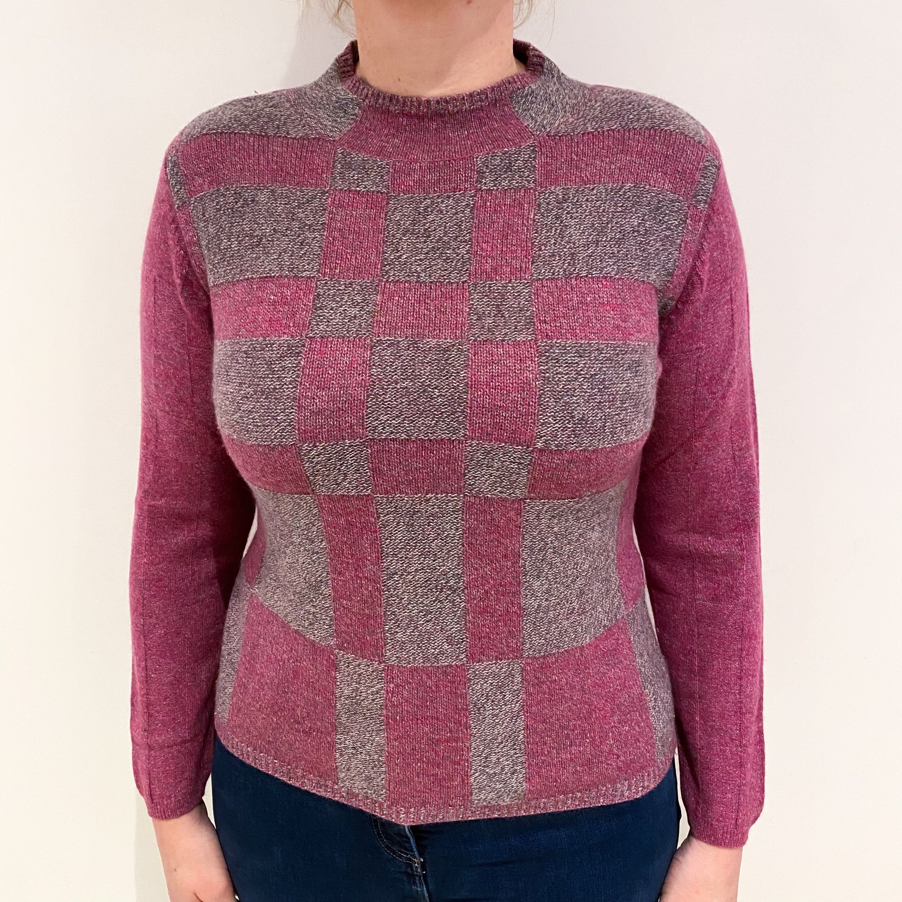 Raspberry and Grey Checked Cashmere Turtle Neck Jumper Large