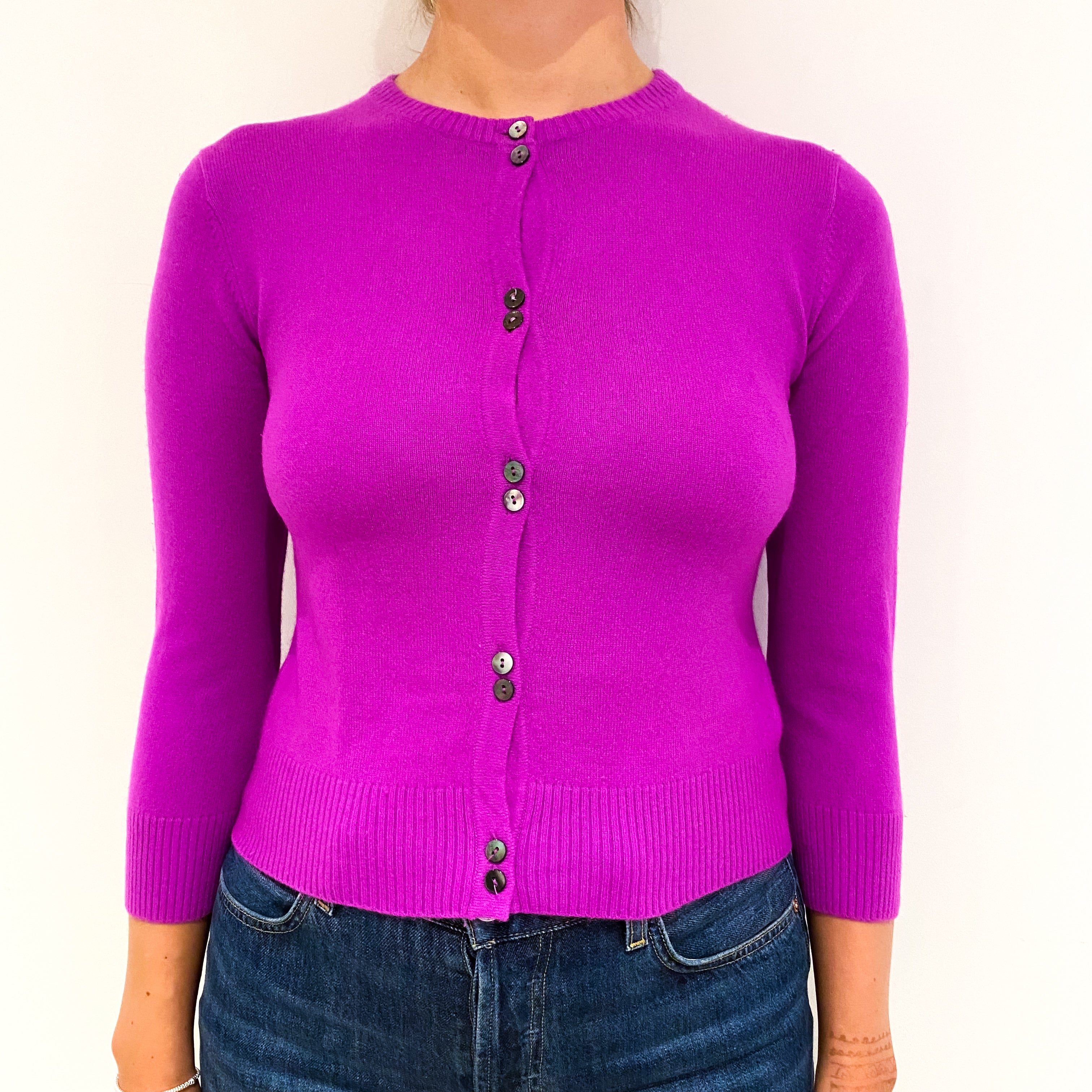 Pure Magenta Pink 3/4 Sleeved Cashmere Crew Neck Cardigan Small