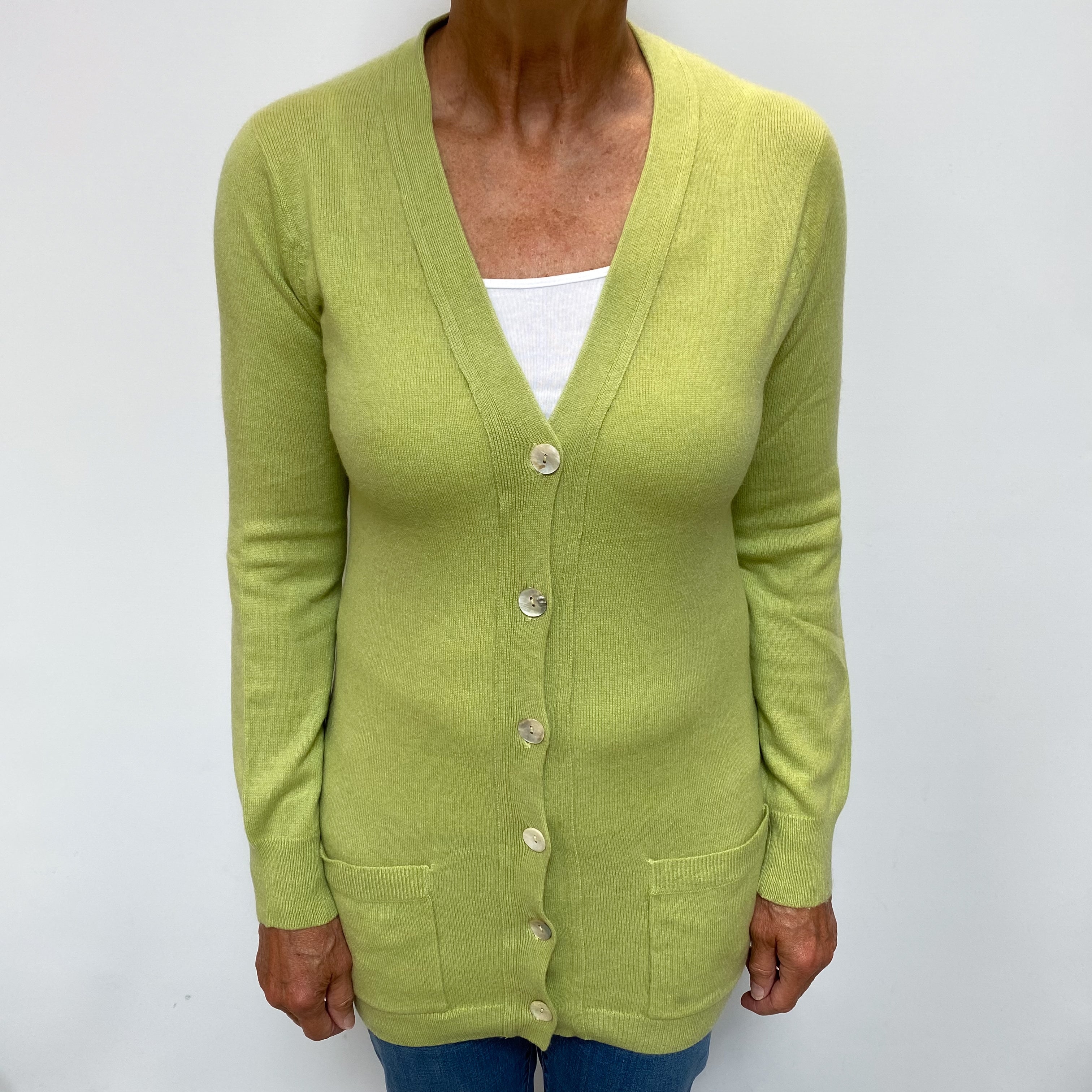 Deep Pistachio Green Cashmere Longline Cardigan with Pockets Medium