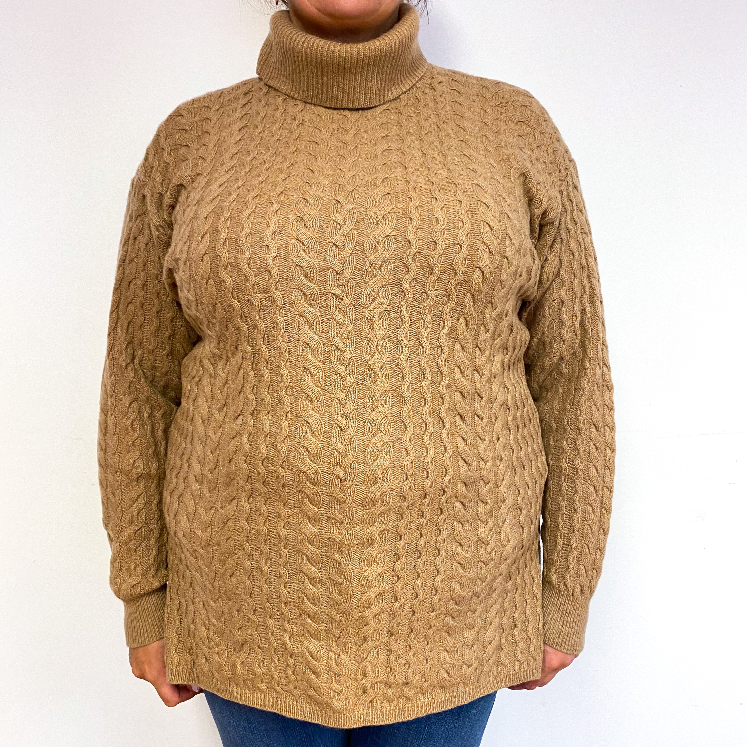 Vintage Caramel Cable Cashmere Polo Neck Jumper Extra Large