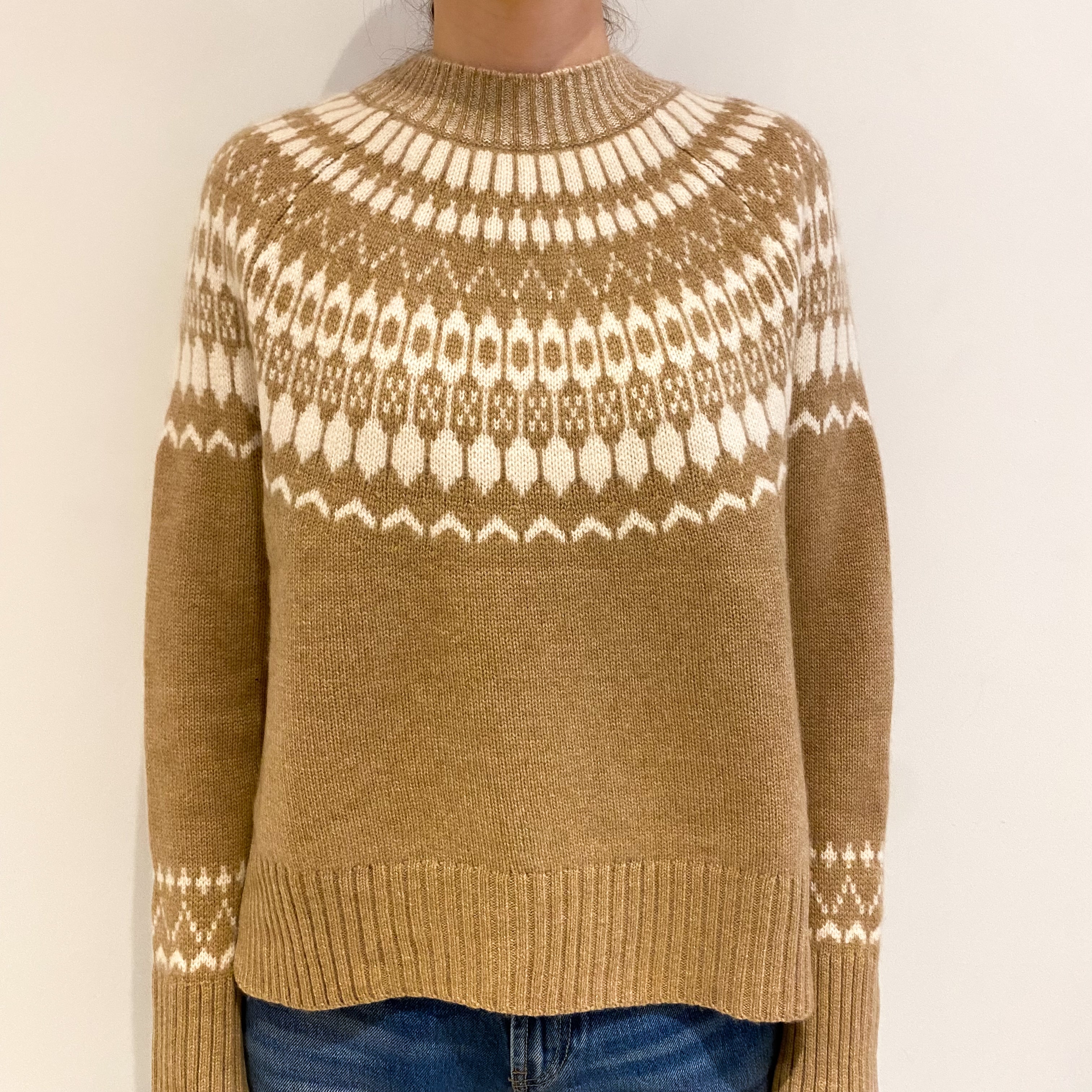 Caramel and Cream Fair Isle Cashmere Crew Neck Jumper Extra Small