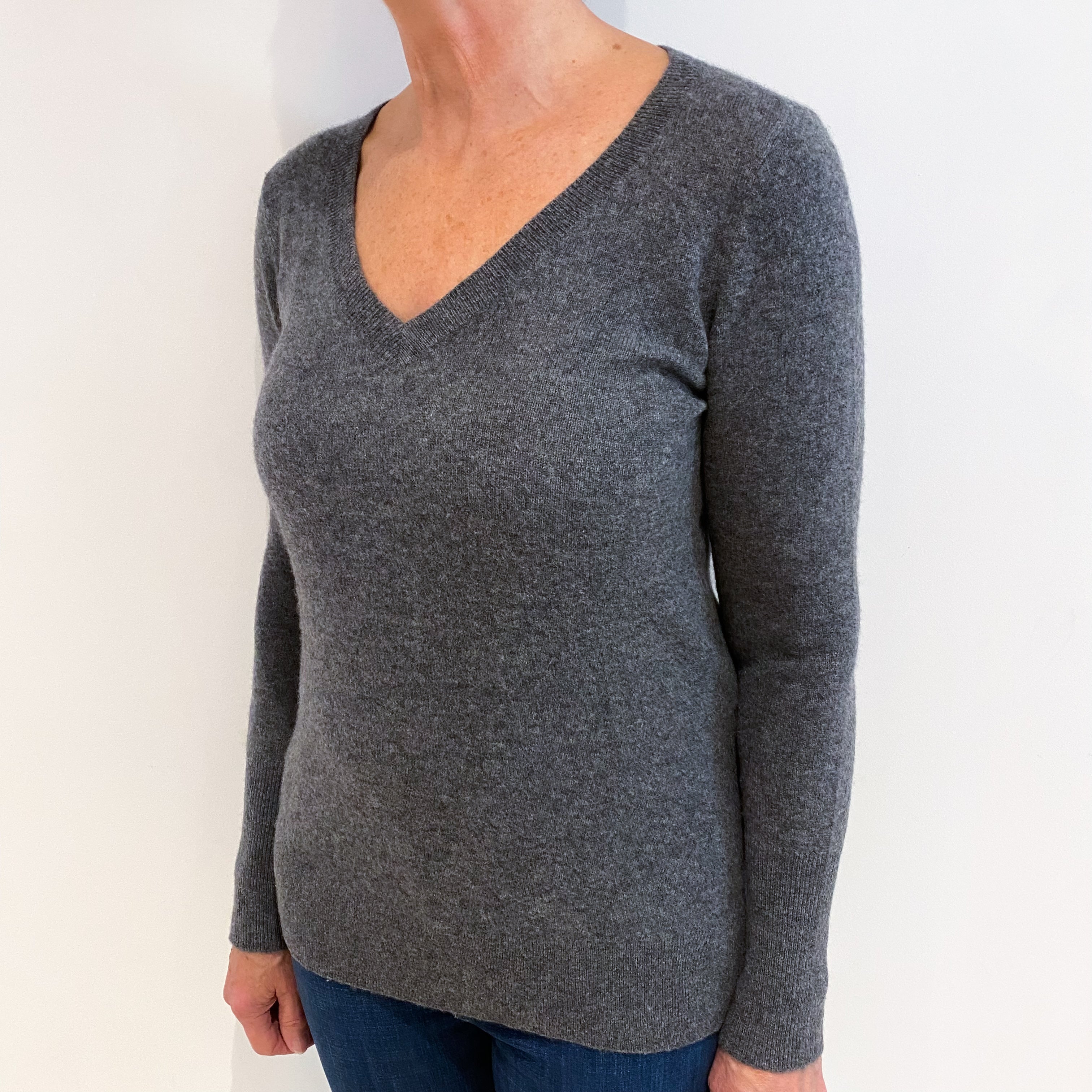 Slate Grey Cashmere V Neck Jumper Medium