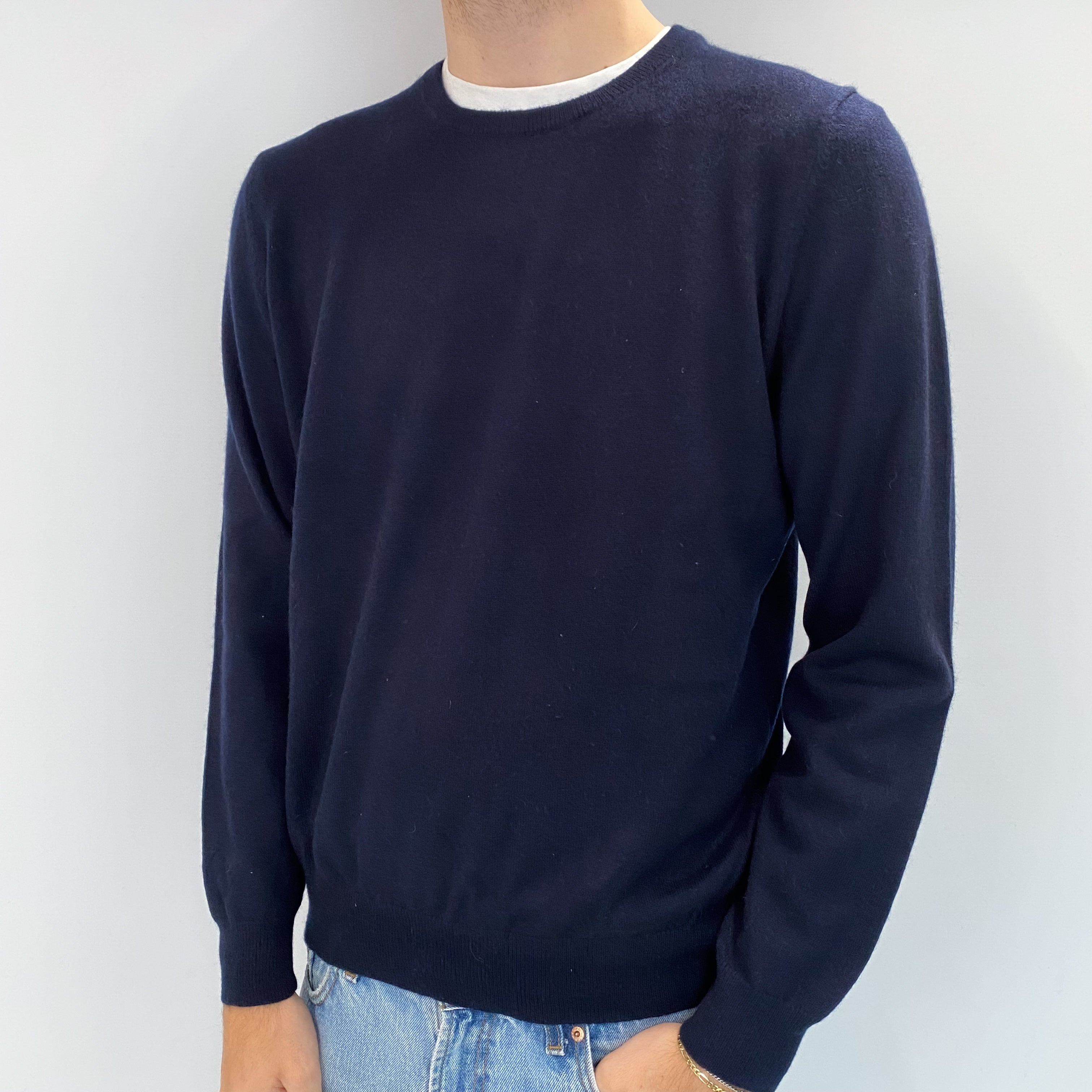 Men's Dark Navy Cashmere Crew Neck Jumper Large