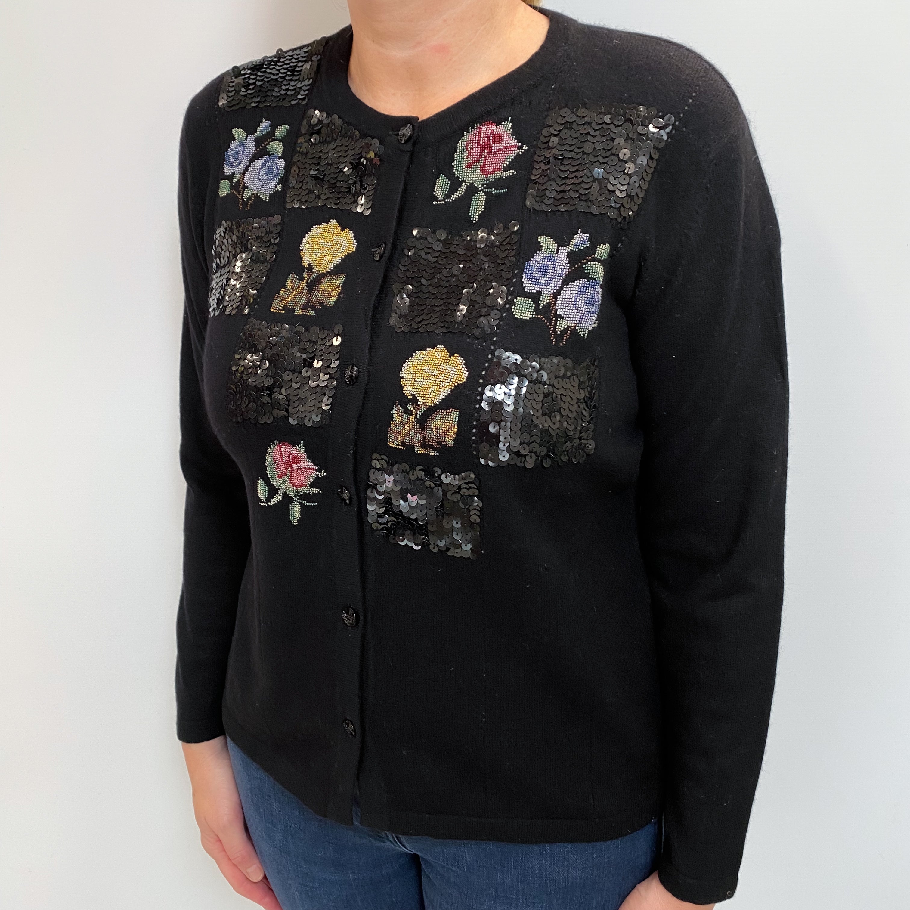 Black Floral Cashmere Crew Cardigan Large