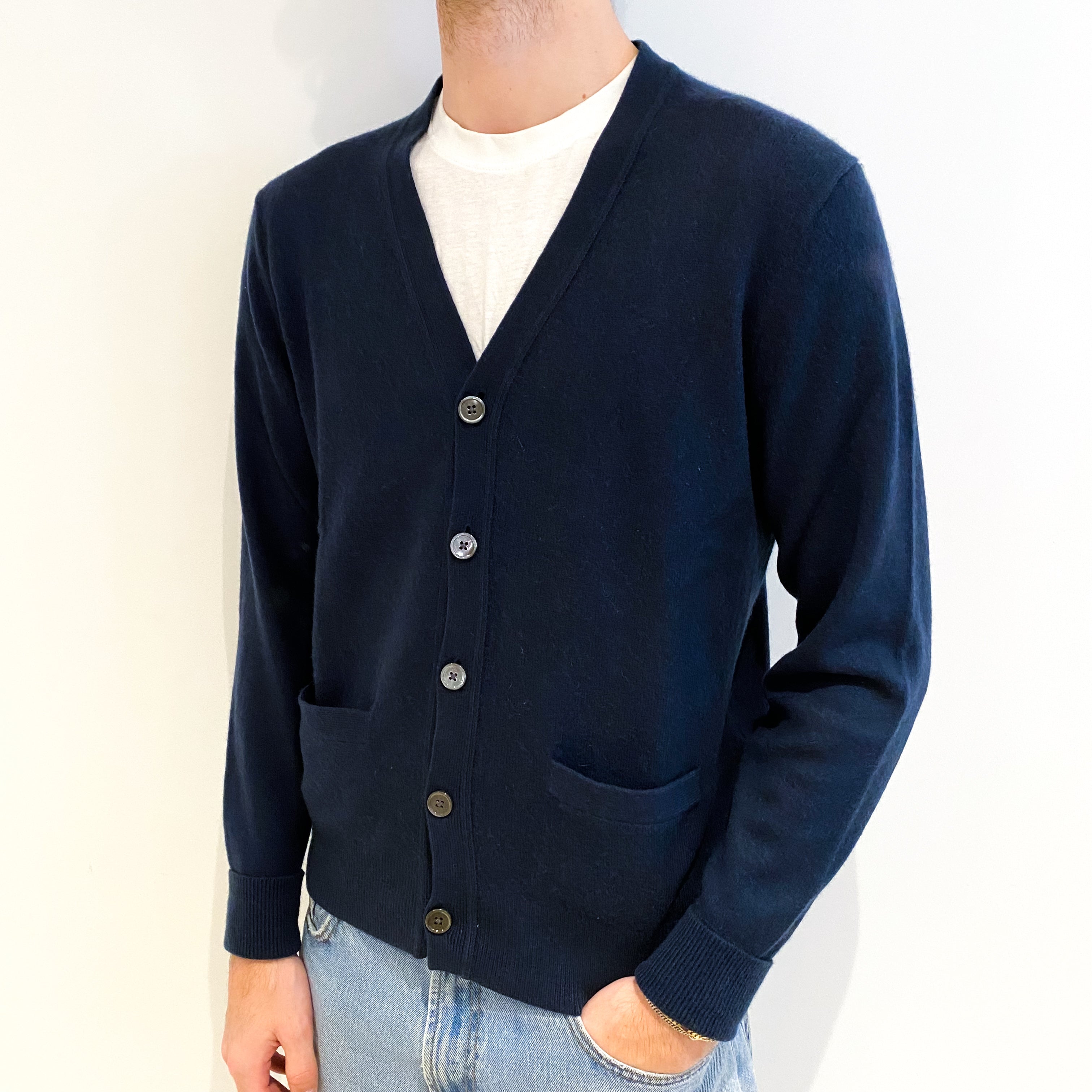 Men's Navy Blue Cashmere V Neck Cardigan with Pockets Medium