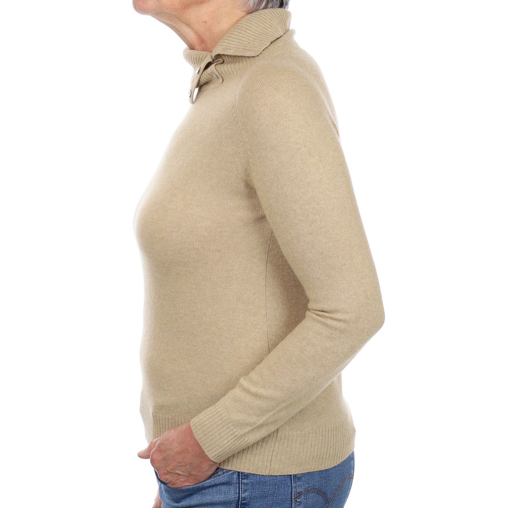 Sand Brown Cashmere Split Buttoned Polo Neck Jumper Medium