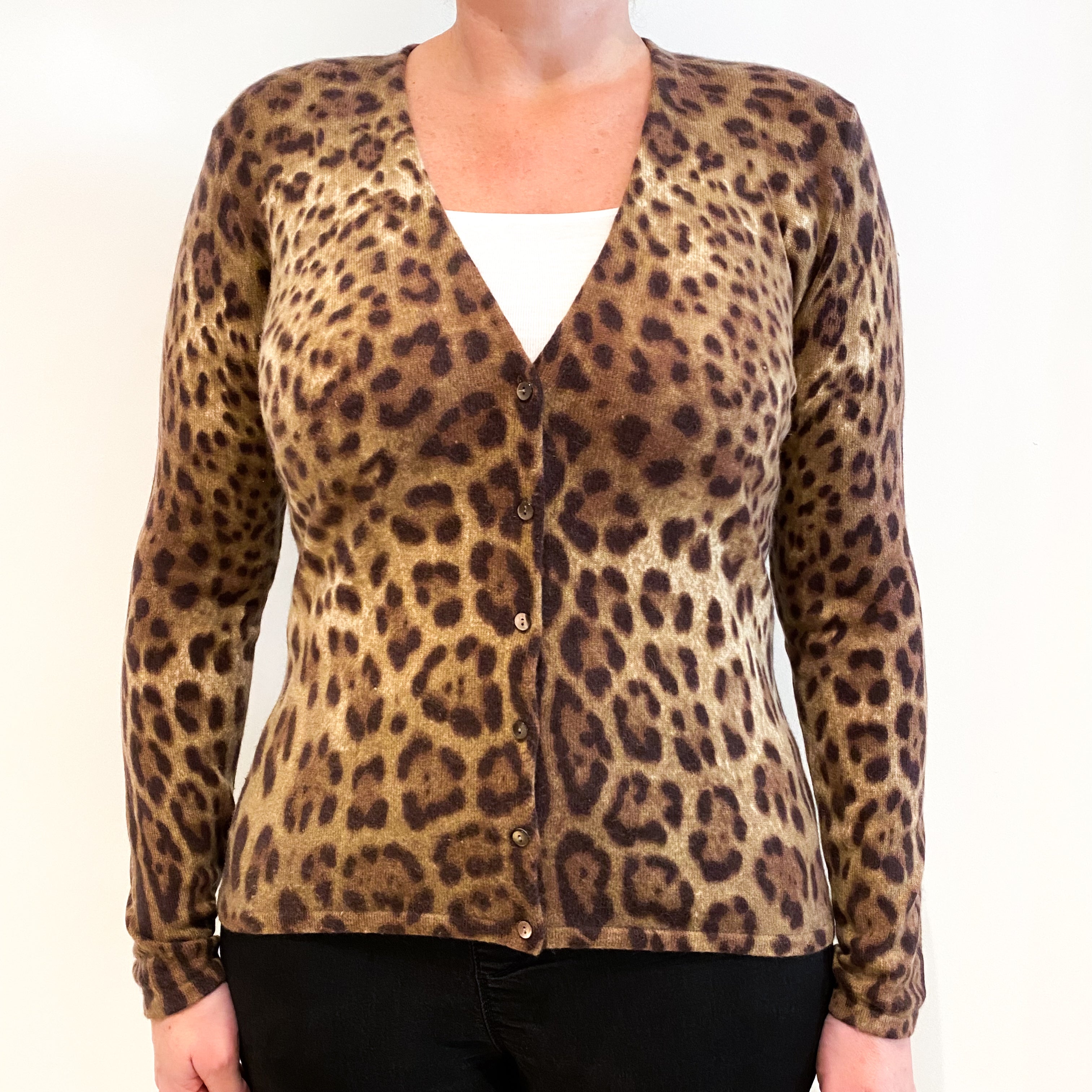 Brown Leopard Print Cashmere V-Neck Cardigan Large