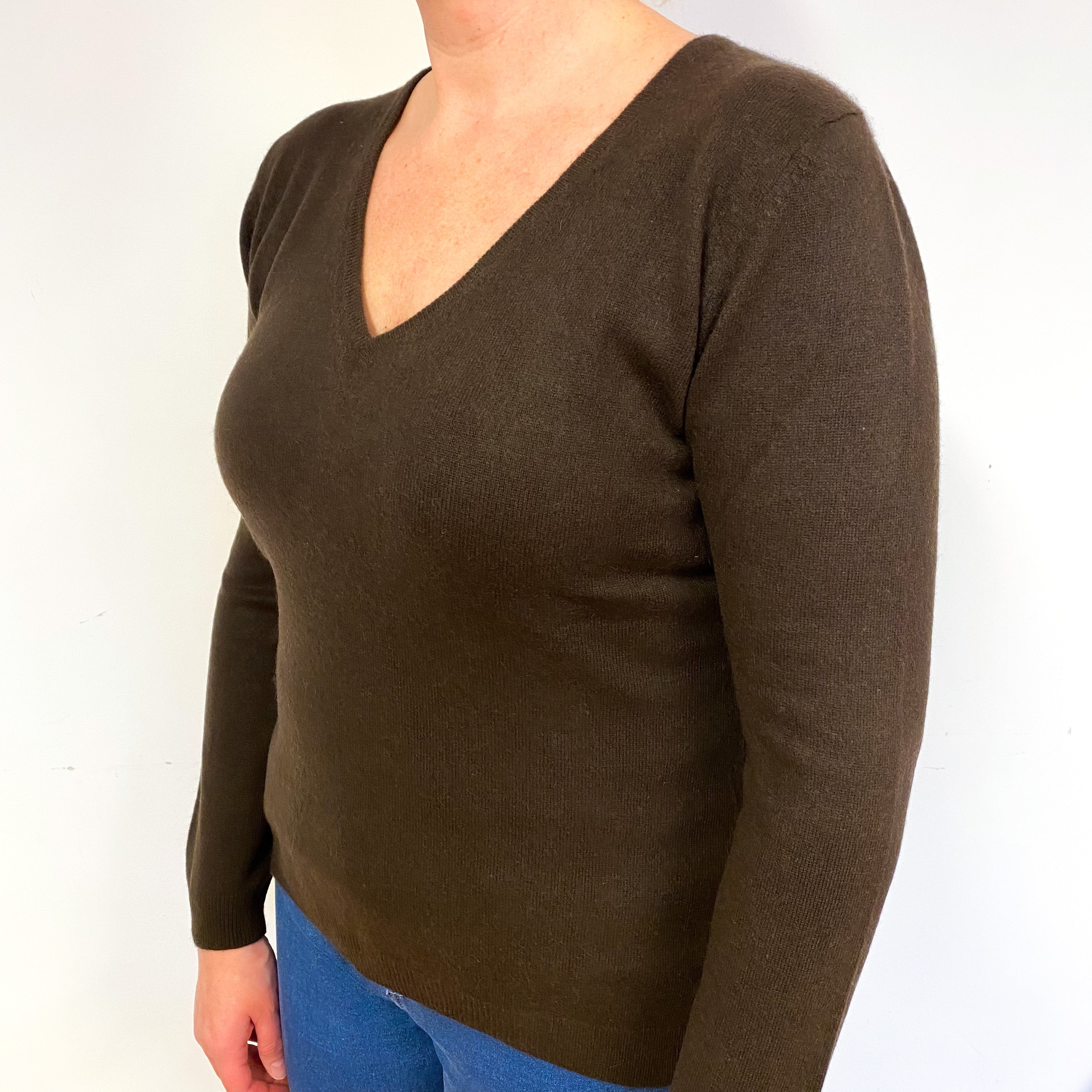 Chocolate Brown Cashmere V-Neck Jumper Large