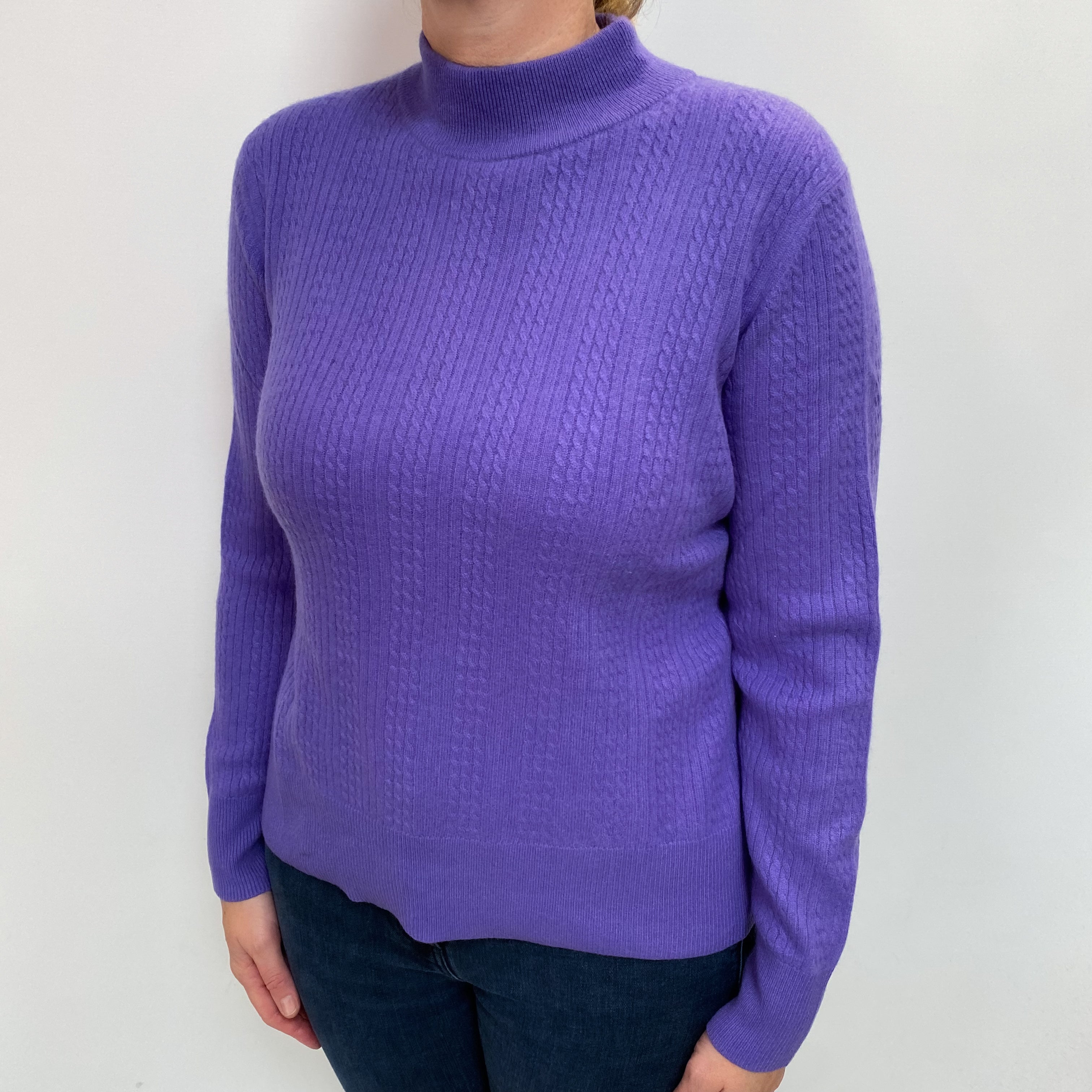 Periwinkle Purple Cable Cashmere Turtle Neck Jumper Large