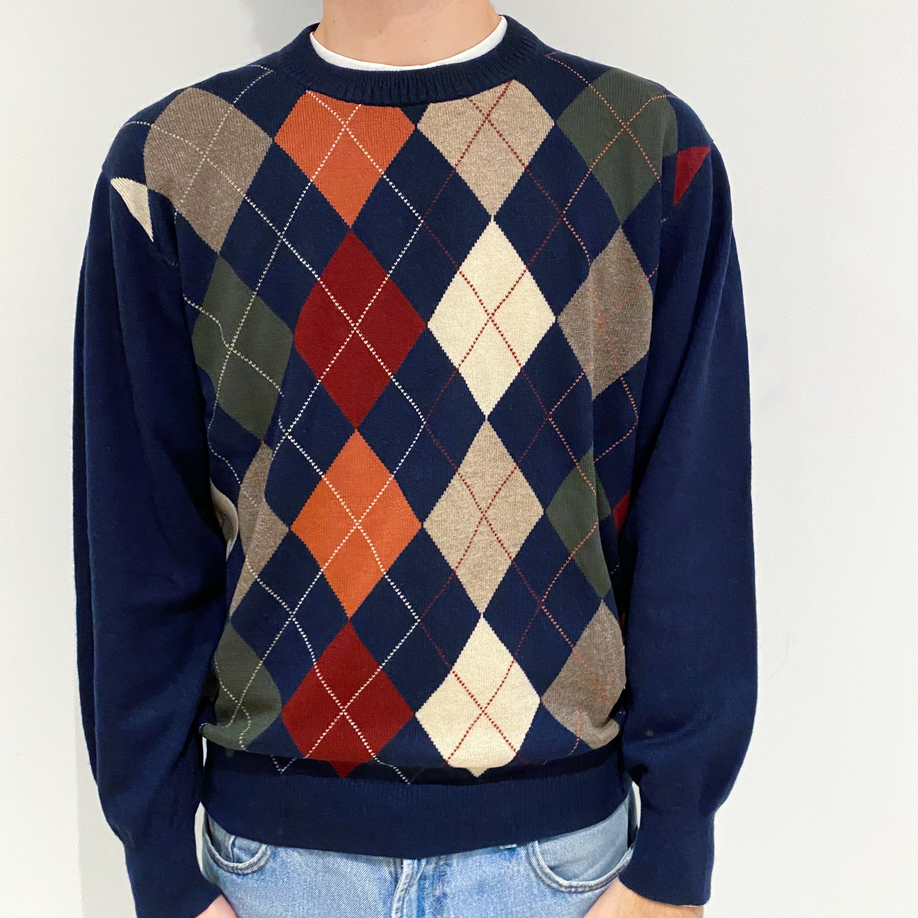 Men's Navy Colourful Diamond Cashmere Crew Neck Jumper Large
