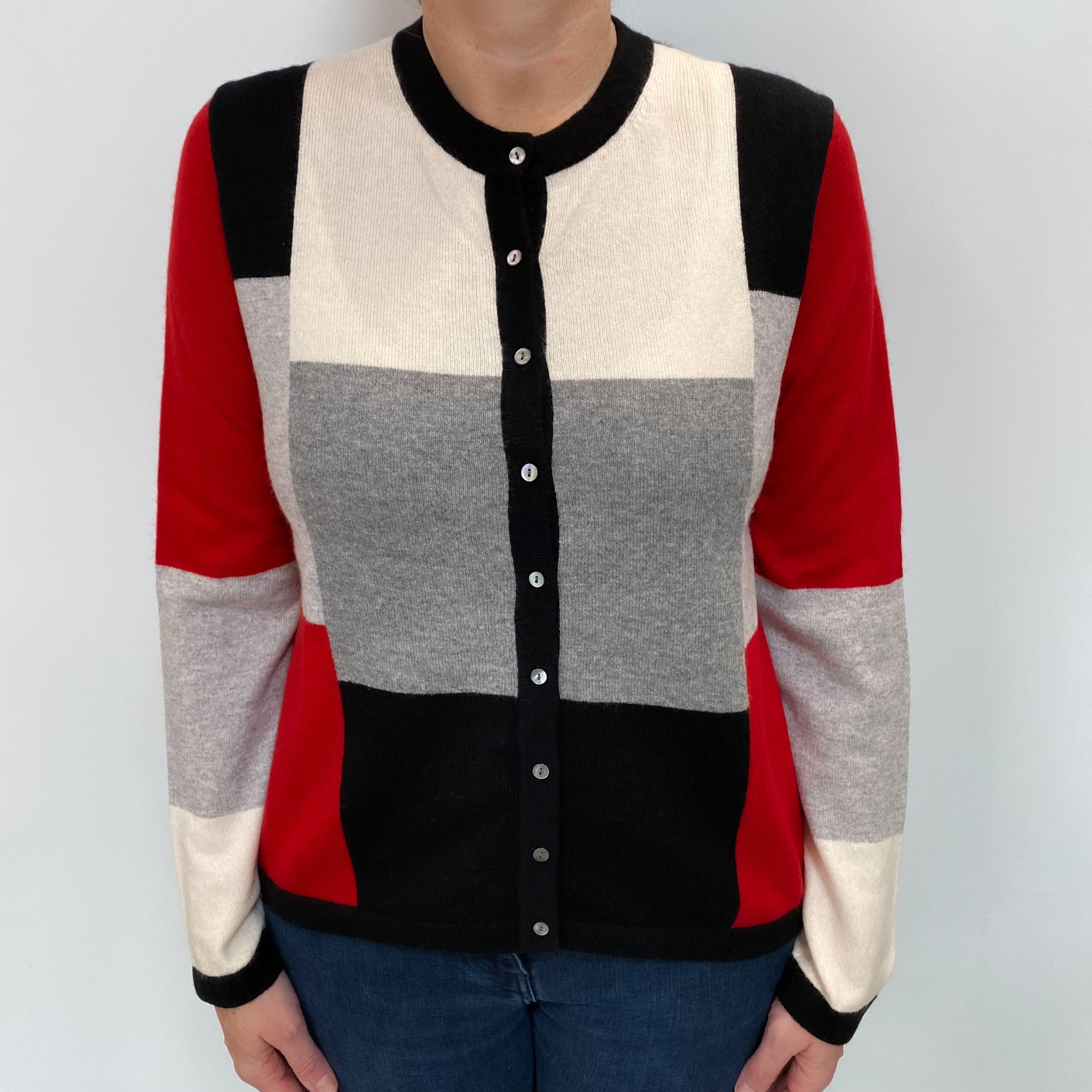 Grey and Red Block Cashmere Crew Neck Cardigan Large