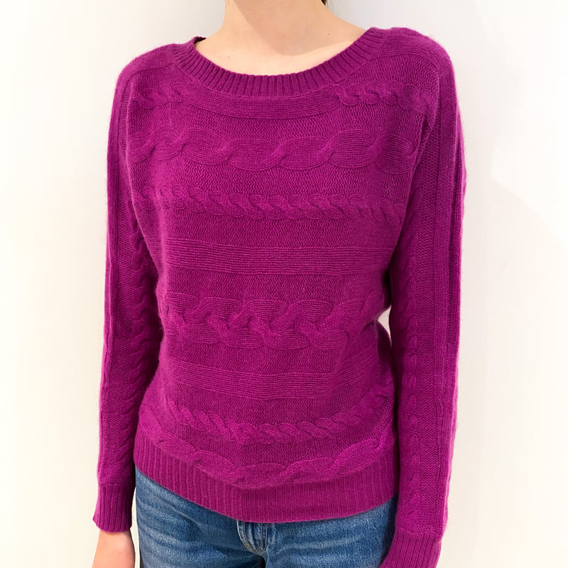 Magenta Pink Cable Knit Batwing Cashmere Crew Neck Jumper Extra Small